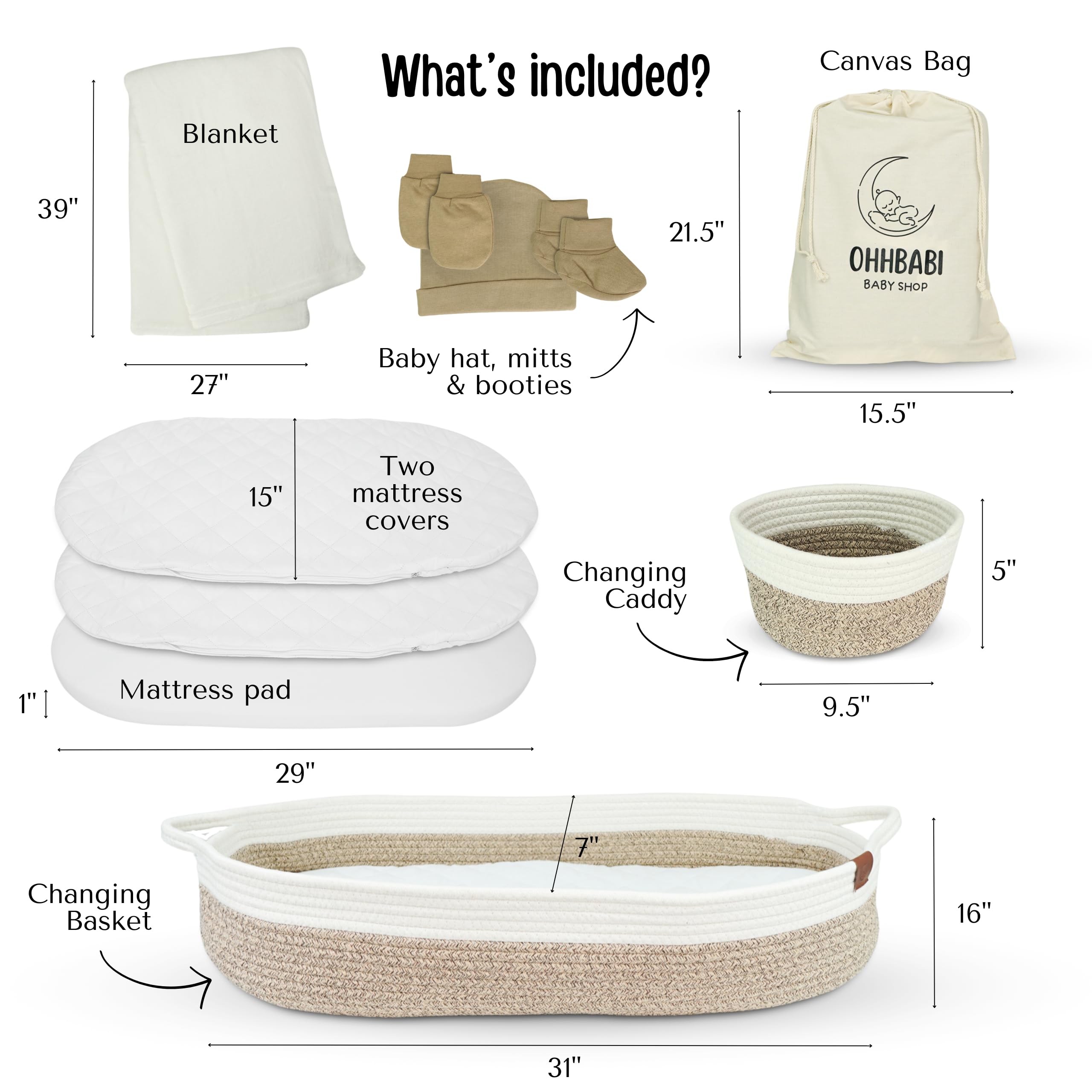 Organic Cotton Baby Changing Basket Set with Foam Pad & Waterproof Cover - Portable Diaper Caddy Organizer for Nursery Dresser - Natural Rope Diaper Changing Station (Beige) - Perfect for Newborn Care & Nursery Organization