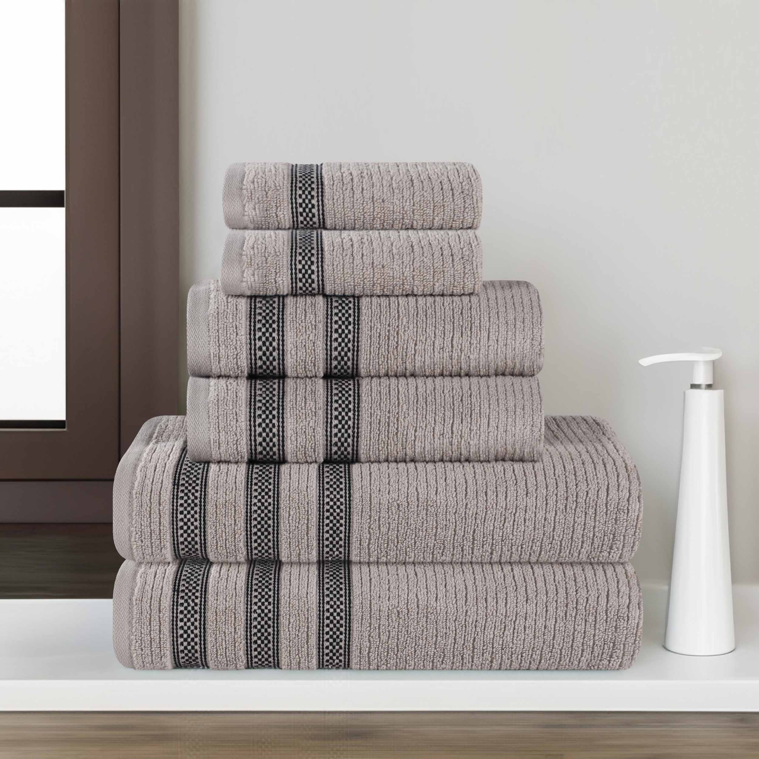 Premium 6-Piece Zero Twist Cotton Towel Set - Ultra Soft, Ribbed Geometric Border, Plush Bath & Beach Towels for Spa, Gym, and Poolside Luxury