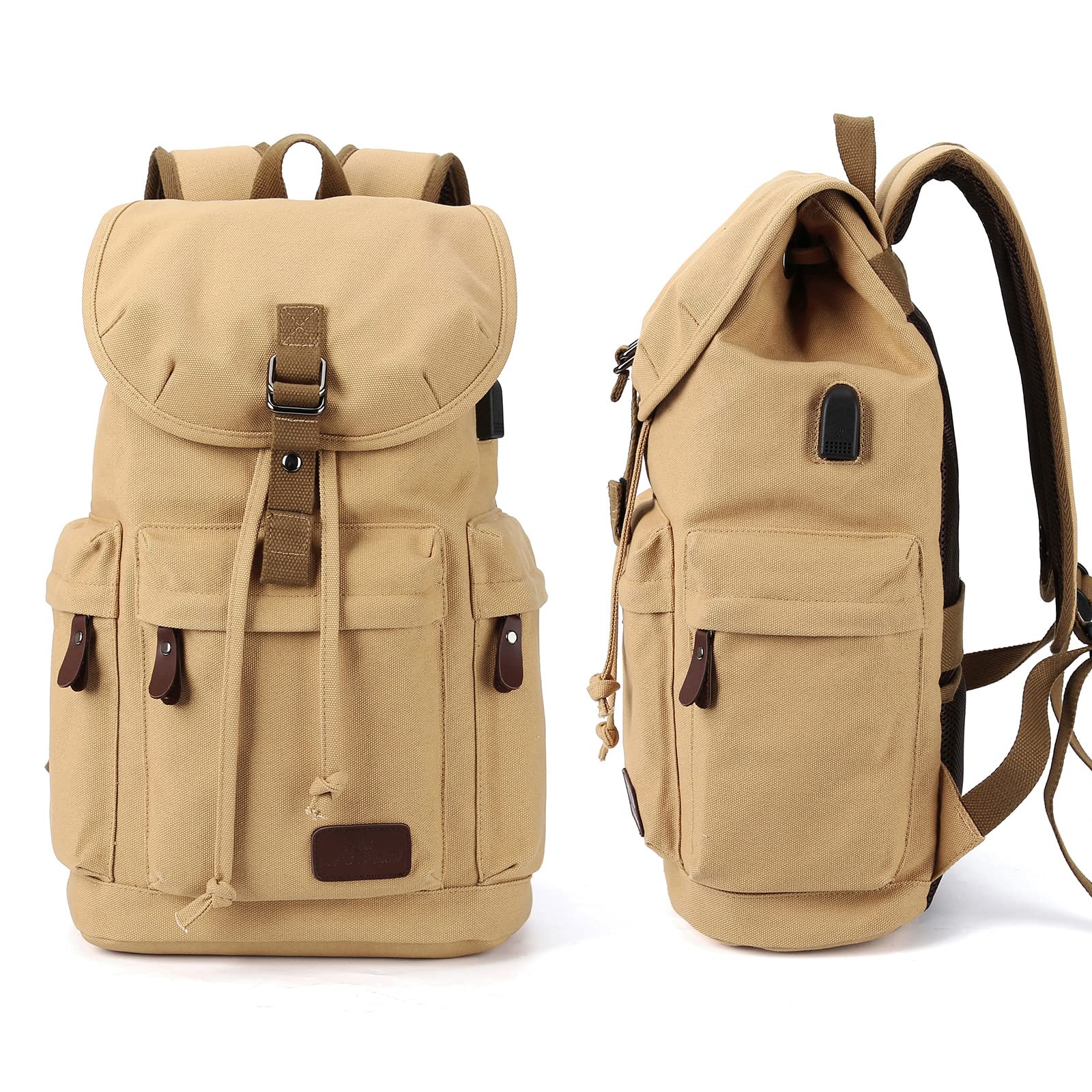 SYCNB Vintage Canvas Backpack for Men & Women - Travel Laptop Backpack with USB Charging Port, Durable Casual Rucksack Fits 15.6 Inch Laptop - Perfect for College, Commuting & Outdoor Adventures