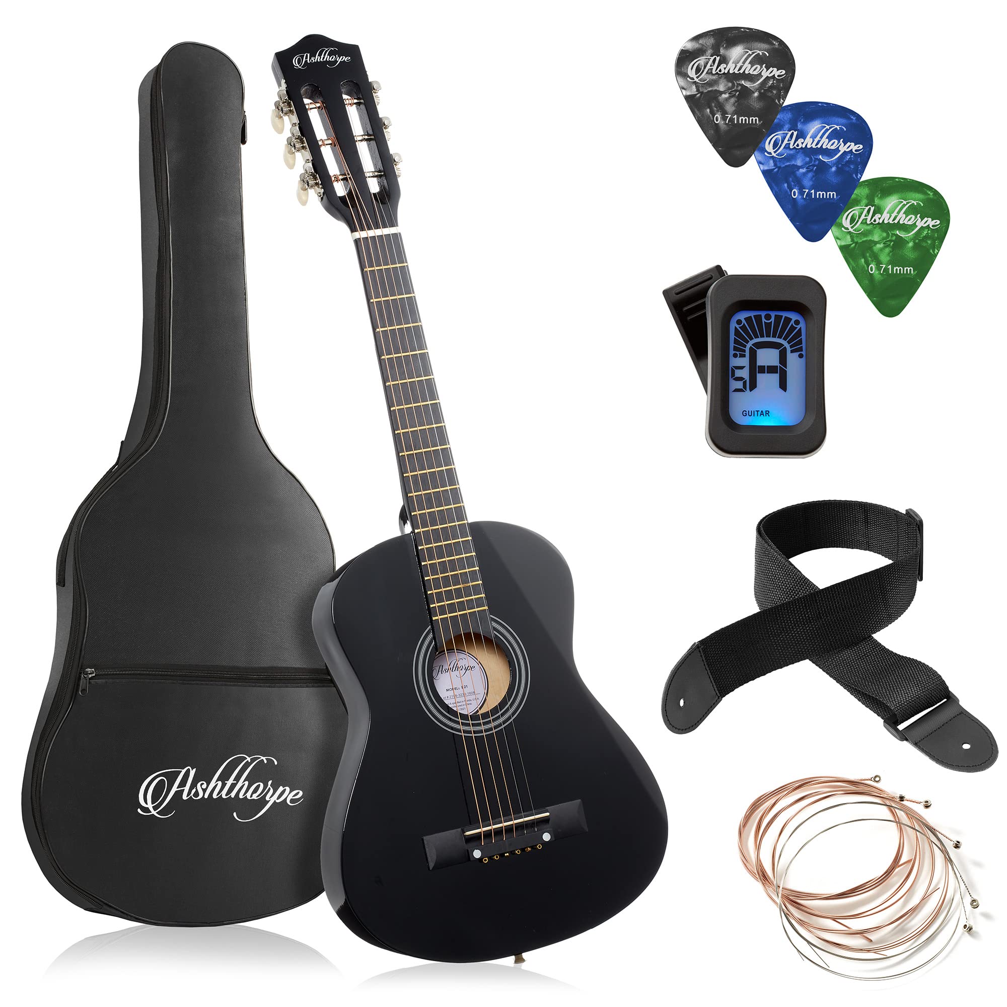 Ashthorpe 30-Inch Beginner Acoustic Guitar Starter Kit (Black) - Includes Gig Bag, Strings, Strap, Tuner & Picks - Perfect for Kids, Teens & Adult Beginners Learning Guitar at Home, School or Camp