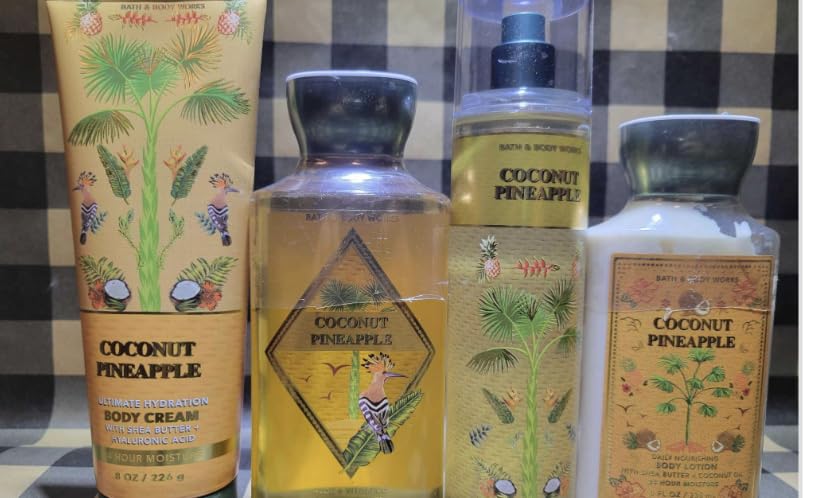 4-Pack Coconut Pineapple Bath & Body Set - Fragrance Mist, Body Cream, Shower Gel & Lotion (8 oz Each) for Summer Hydration & Tropical Spa Day at Home