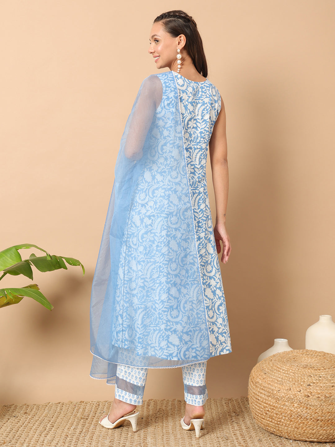 Stylish Blue Cotton Pant Suit with Designer Print - Perfect for Office Wear & Professional Occasions