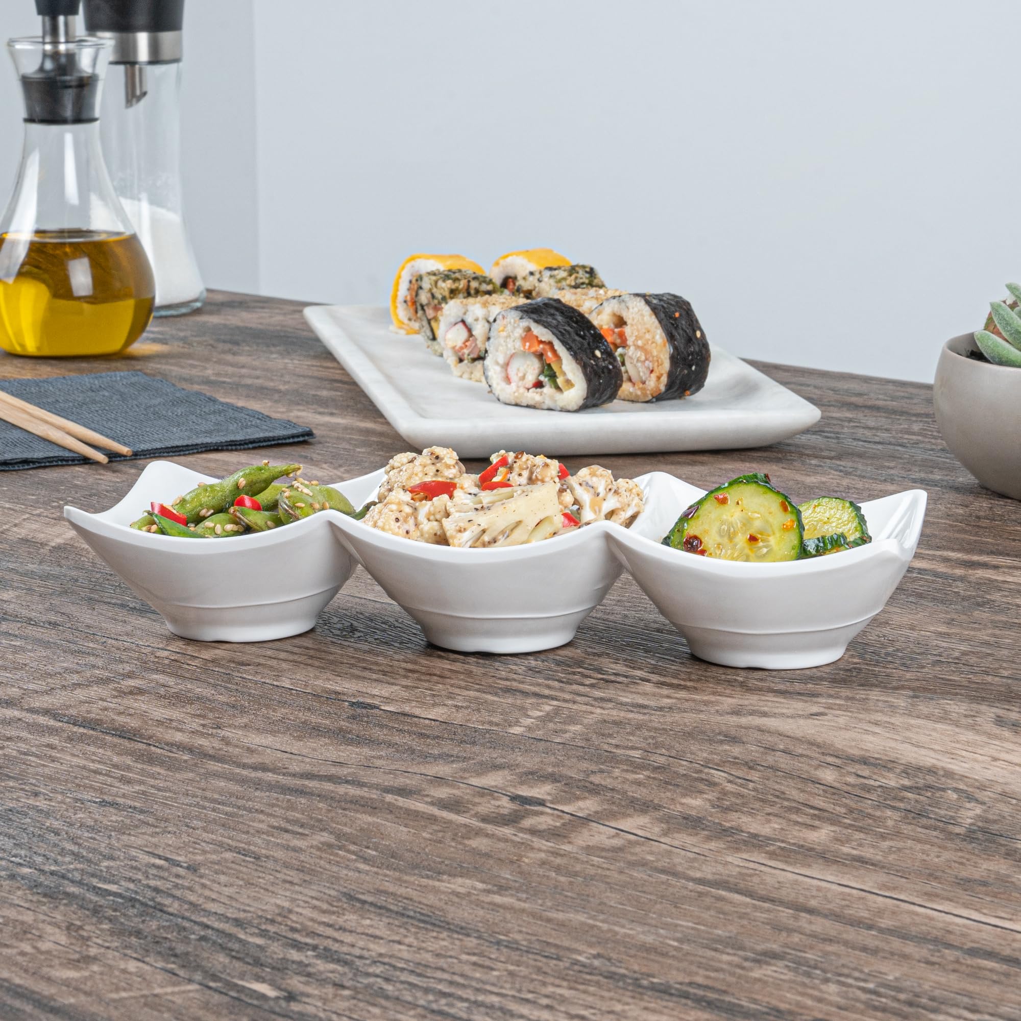 Voga 8.5 oz Square Melamine Serving Dishes - 3 Compartment Appetizer Plates for Dips, Snacks & Condiments | Durable Restaurantware for Catering, Parties & Home Entertaining