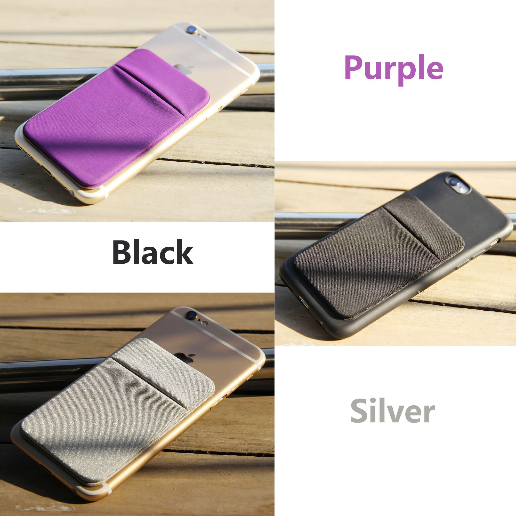 3Pack Sticky Phone Card Holder - Double Pocket Wallet Sticker for ID, Credit Cards & Cash - Stretchy Adhesive Back for All Smartphones (Purple, Silver, Black) | Perfect for Travel, Shopping & Daily Commute
