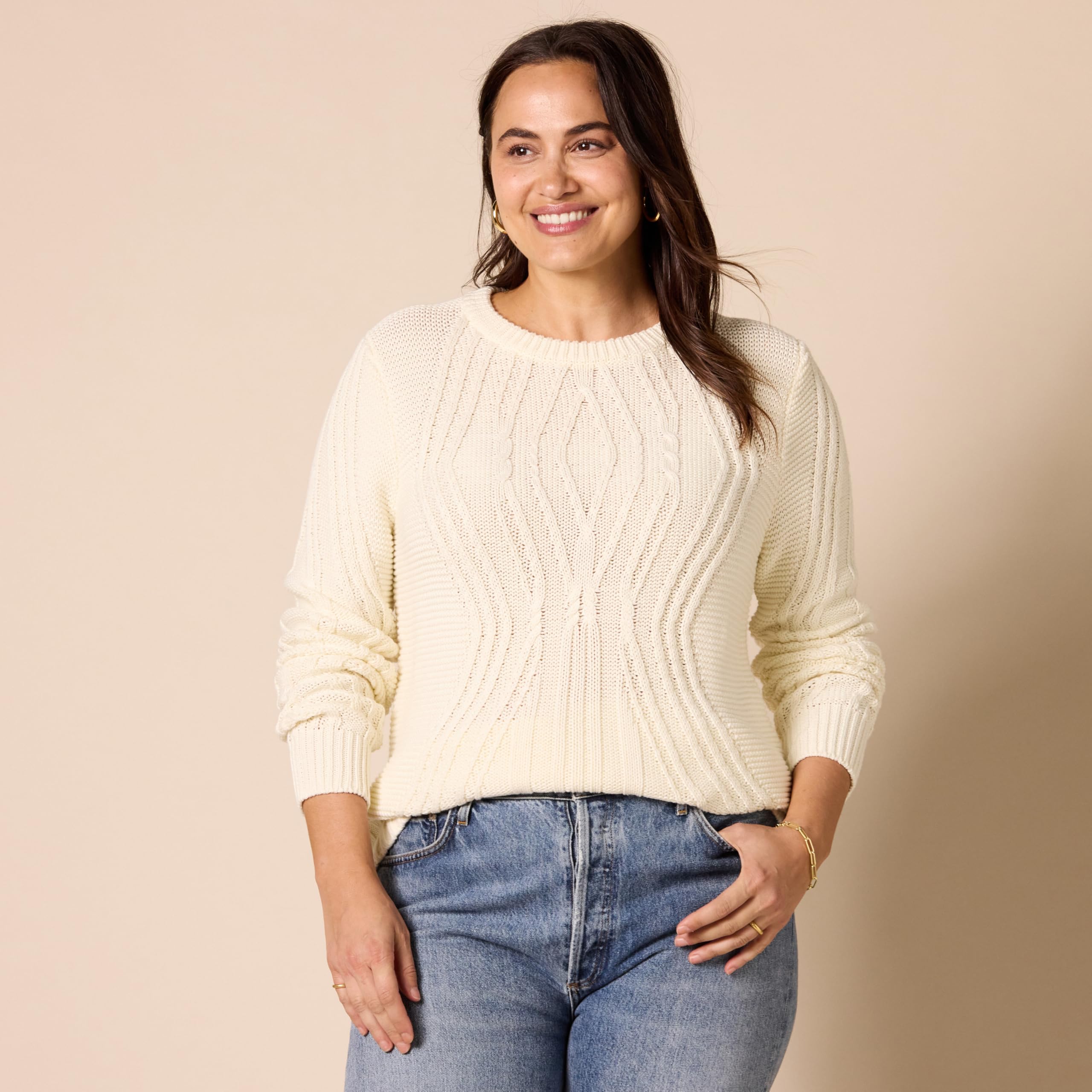 Amazon Essentials Women's 100% Cotton Cable Knit Crewneck Sweater - Soft Winter Pullover for Casual Wear & Office Outfits