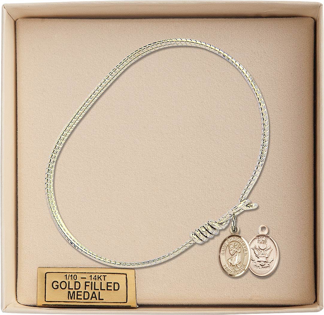 Gold-Filled Oval Eye Hook Bangle Bracelet with St. Christopher & Army Charm - Military Gift, Religious Jewelry for Everyday Wear | Perfect for Soldiers, Prayer Protection & Casual Fashion Accessories