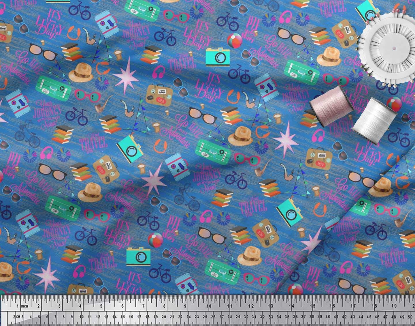 Soimoi 100% Cotton Poplin Blue Fabric by The Yard - 56 Inch Wide Premium Printed Fabric for Camera Bags, Hats & Briefcases - Travel & Adventure Style for Fashion & Home Decor Sewing Projects