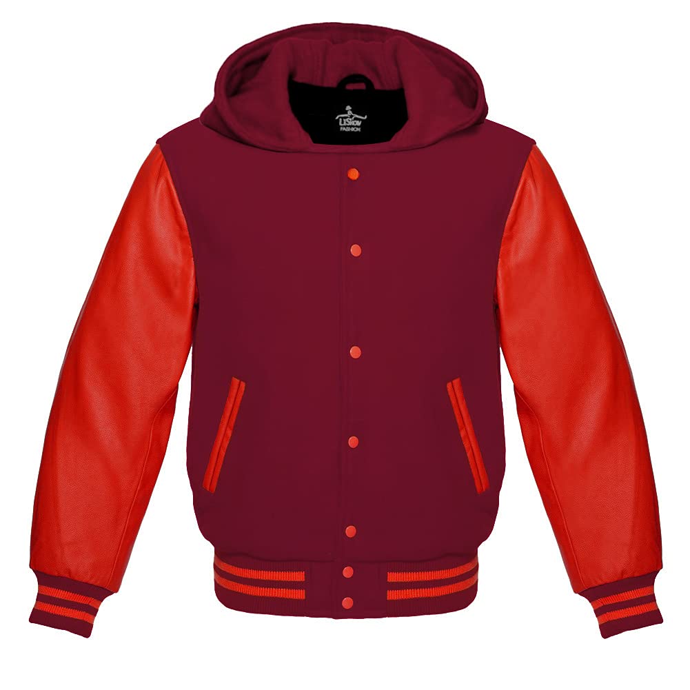 Premium Wool Varsity Hoodie Jacket with Genuine Red Leather Sleeves - Baseball Letterman Bomber for School & Casual Wear - Perfect for Sports Teams, College Campus & Street Style Fashion