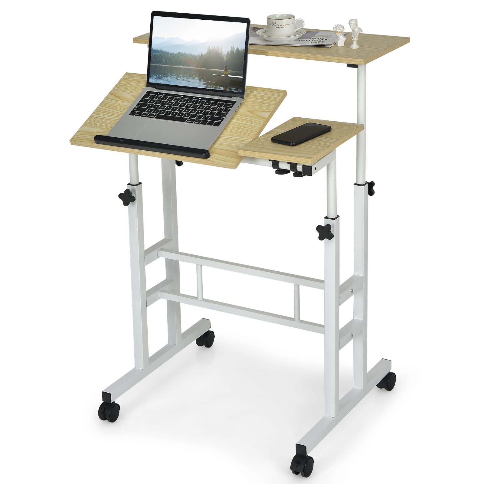Tangkula Adjustable Height Mobile Standing Desk - Sit Stand Home Office Desk with Tilting Tabletop & Wheels, 2 Modes for Seated & Standing Work - Natural Wood Finish - Perfect for Small Spaces & Remote Work