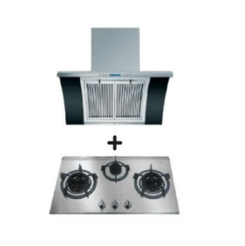 Ellane EH 2688 90cm Stainless Steel Chimney Range Hood with Arch Glass & EB 338SV 76cm 3-Burner Gas Cooktop - Modern Kitchen Ventilation System for Home Cooking and Smoke Removal