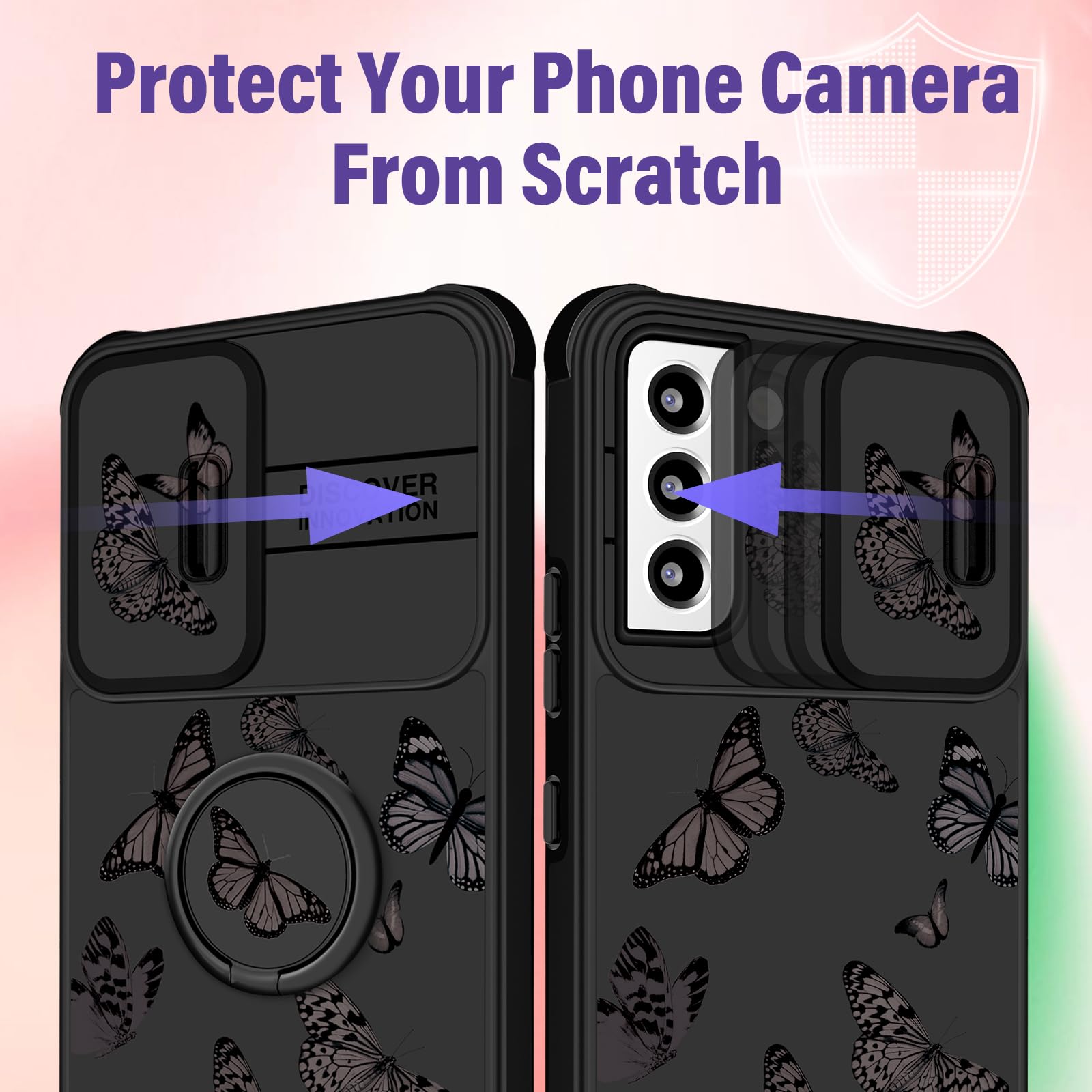 2 in 1 Cute Butterfly Design Samsung Galaxy S22 Case for Women - Aesthetic Black Phone Cover with Camera Protector & Ring Stand | Perfect for Work, Travel and Everyday Use