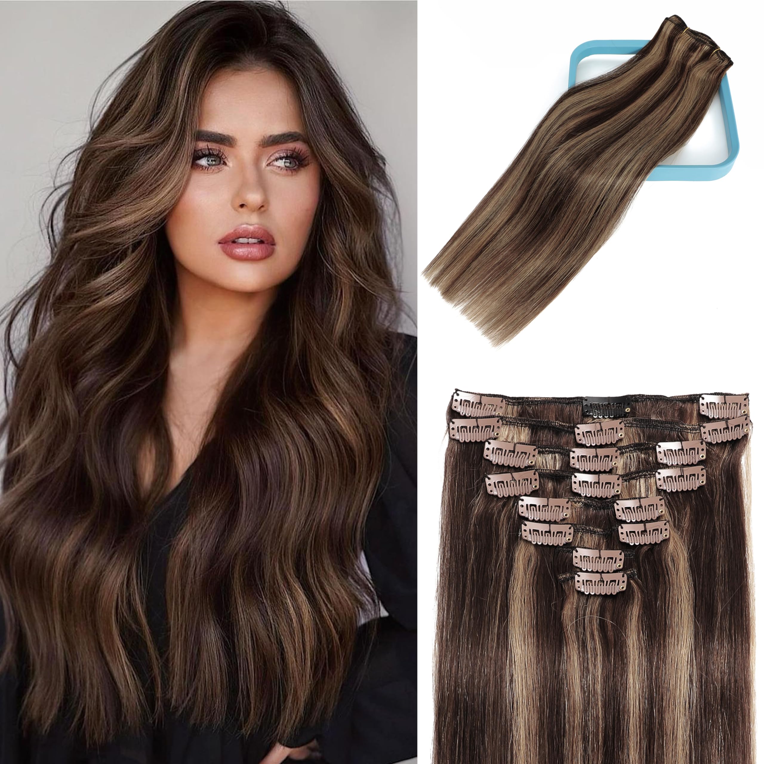 24 Inch 120g Clip-in Human Hair Extensions - 100% Brazilian Remy Hair, 8pcs Set with 18 Double Weft Clips, 2/6 Dark Brown to Chestnut Brown | Perfect for Volume, Length & Styling for Parties, Weddings & Everyday Wear