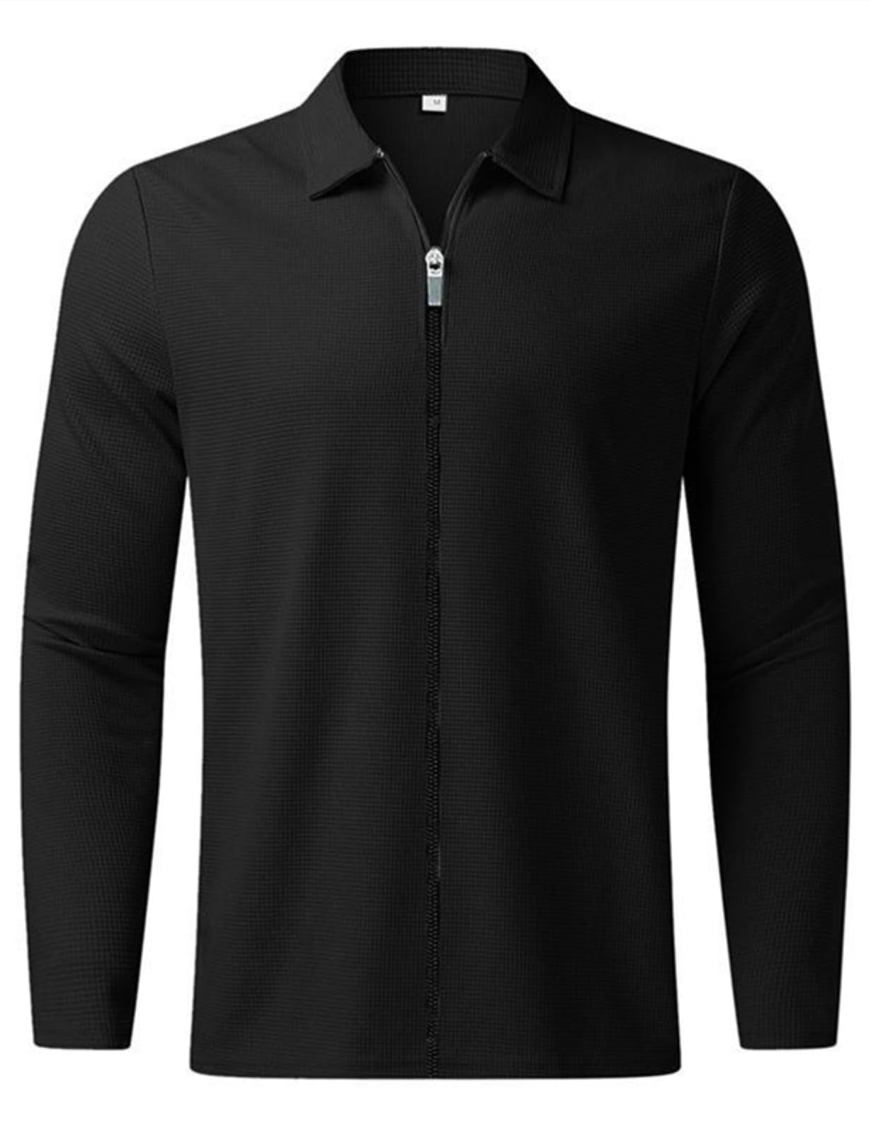 PICKLION Men's Casual Cardigan Sweater - Laydown Collar, Zipper Front, Solid Color Long Sleeve Waffle Knit Jacket | Perfect for Office, Date Night & Fall Layering