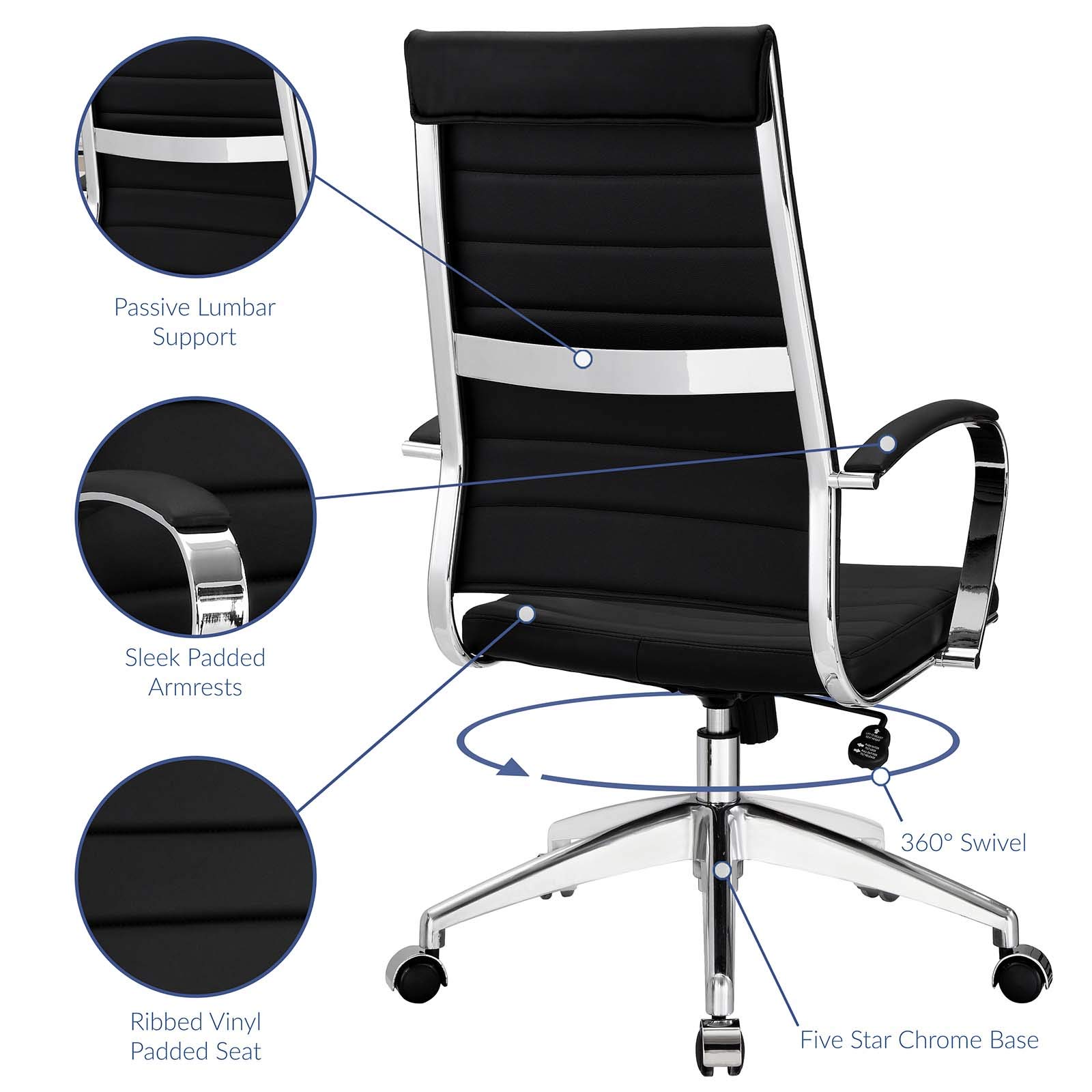 Modway Jive Ribbed High Back Executive Swivel Office Chair with Arms - Ergonomic Black Desk Chair for Home & Office Workspace, Conference Room, Gaming Setup