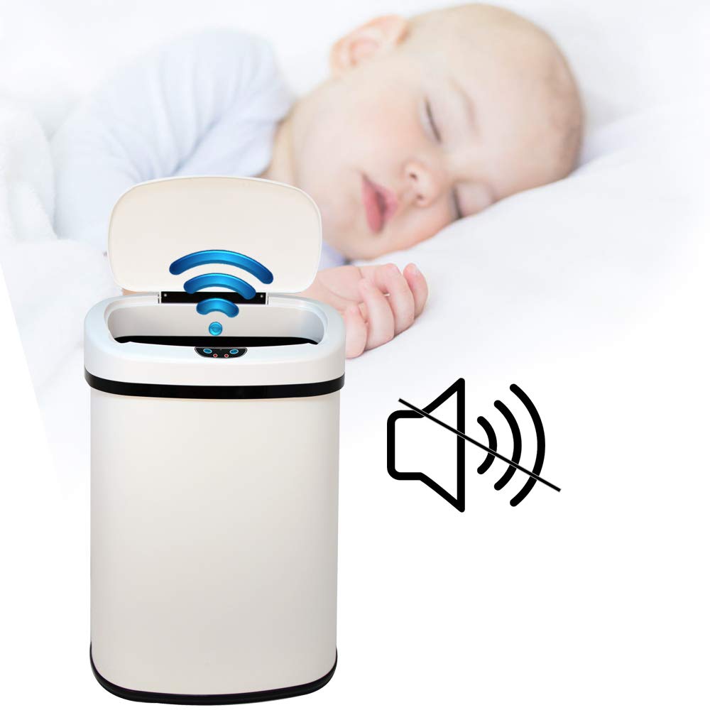 Automatic Touchless Stainless Steel Trash Can with Lid - 13 Gallon Sensor Kitchen Garbage Bin, Hands-Free Motion Sensor Waste Basket for Home, Office, Bathroom & Bedroom - Battery Powered, White - Perfect for Hygienic Waste Disposal in Kitchens, Bathrooms & Offices