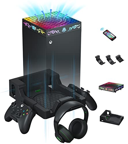 Wiilkac Wall Mount Kit for Xbox Series X with Cooling Fan, RGB Light Effects, Remote Control, 2 Controller Holder & Headset Hook - Black | Perfect for Gaming Setup & Wall-Mounted Console Storage