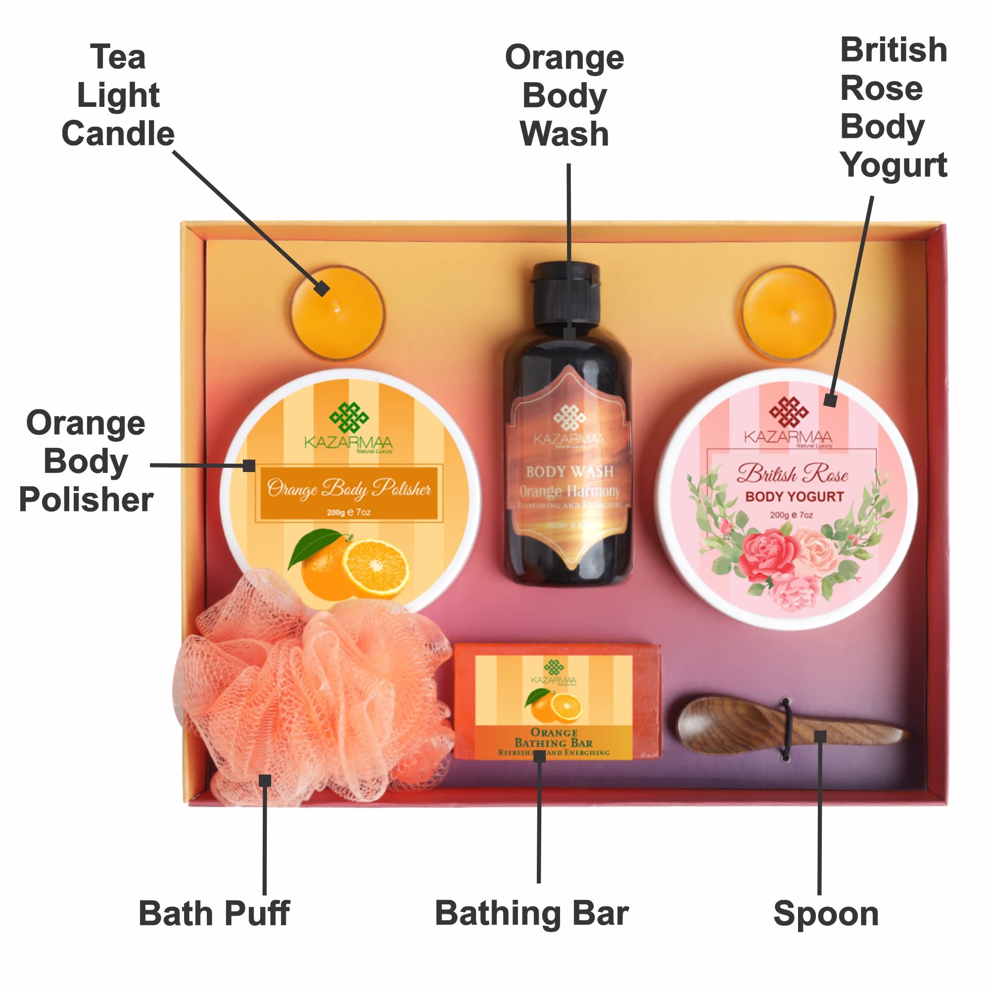 Kazarmaa Skin Care Gift Set - 7 Piece Body Scrub, Bath Gel, Exfoliator & Moisturizer Kit for Spa Day, Tan Removal & Deep Cleansing | Perfect Self-Care & Gift for Women