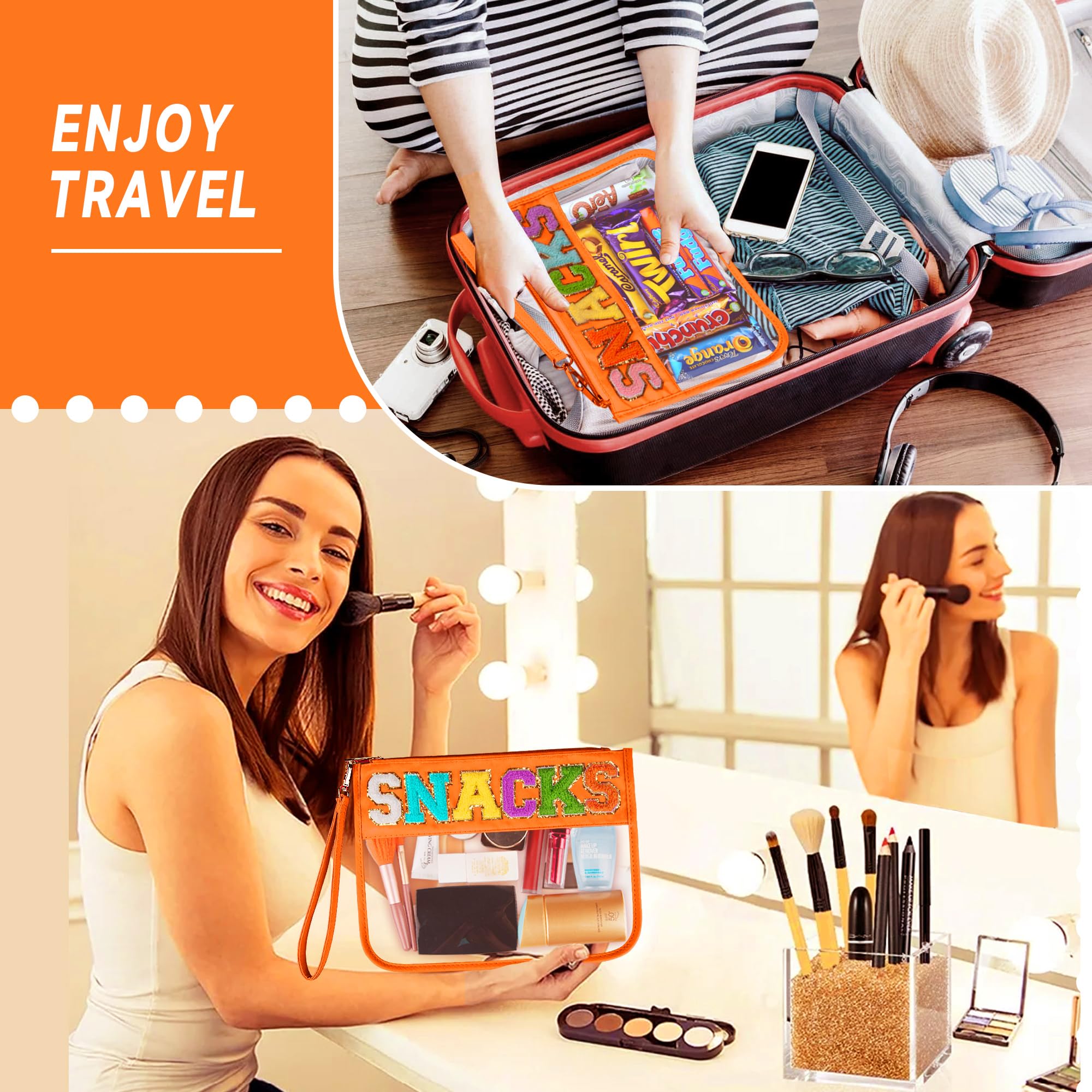 Cute Orange Chenille Letter Clear Bag - Waterproof Transparent PVC Cosmetic & Snacks Pouch with Zipper | Portable Travel Makeup Organizer for Women | Perfect for Gym, Beach, School & Airplane Travel