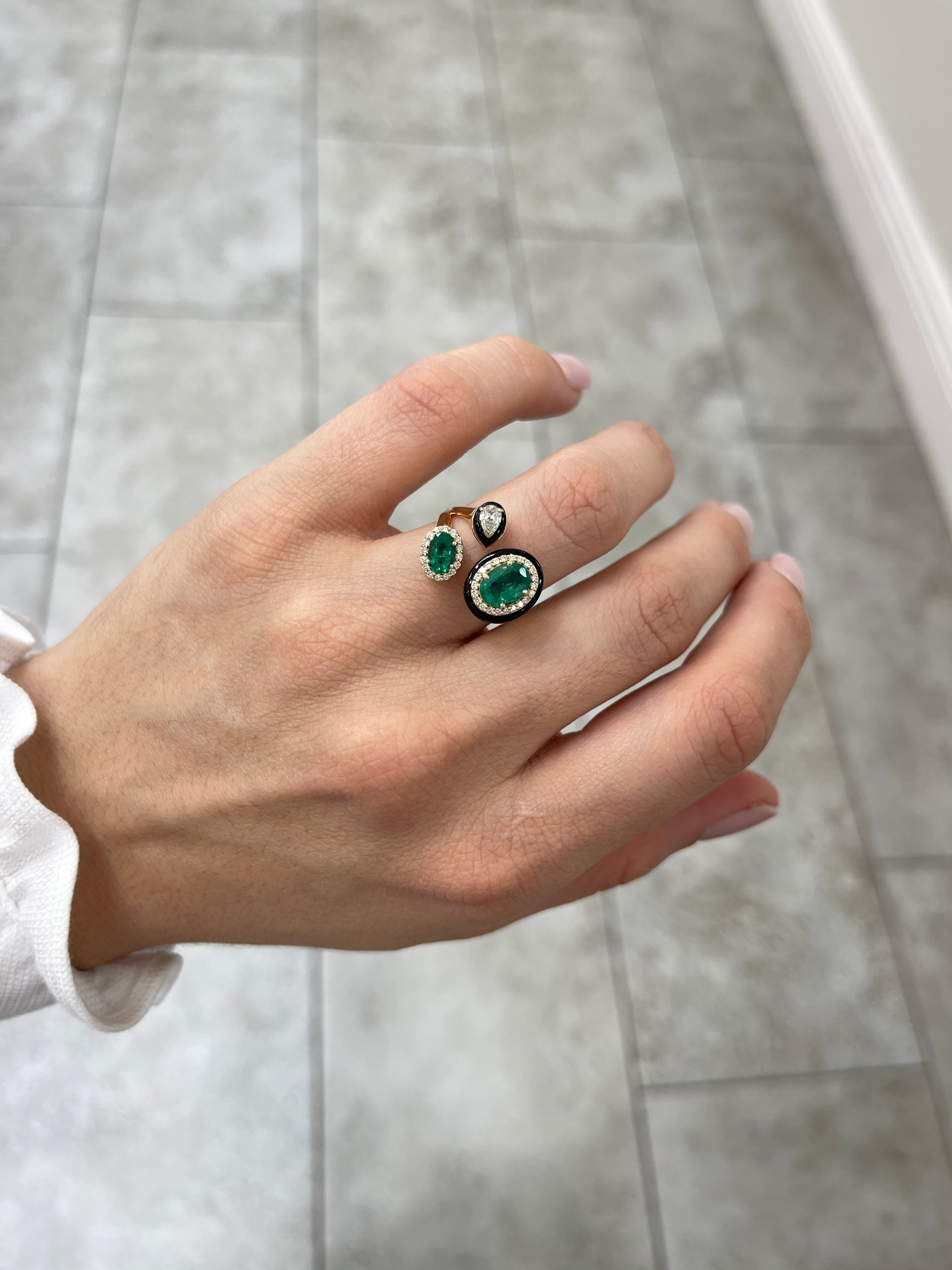 3.87tcw Oval Emerald Diamond Black Onyx Cluster Statement Ring in 14K Gold - Elegant Jewelry for Weddings, Parties & Special Occasions