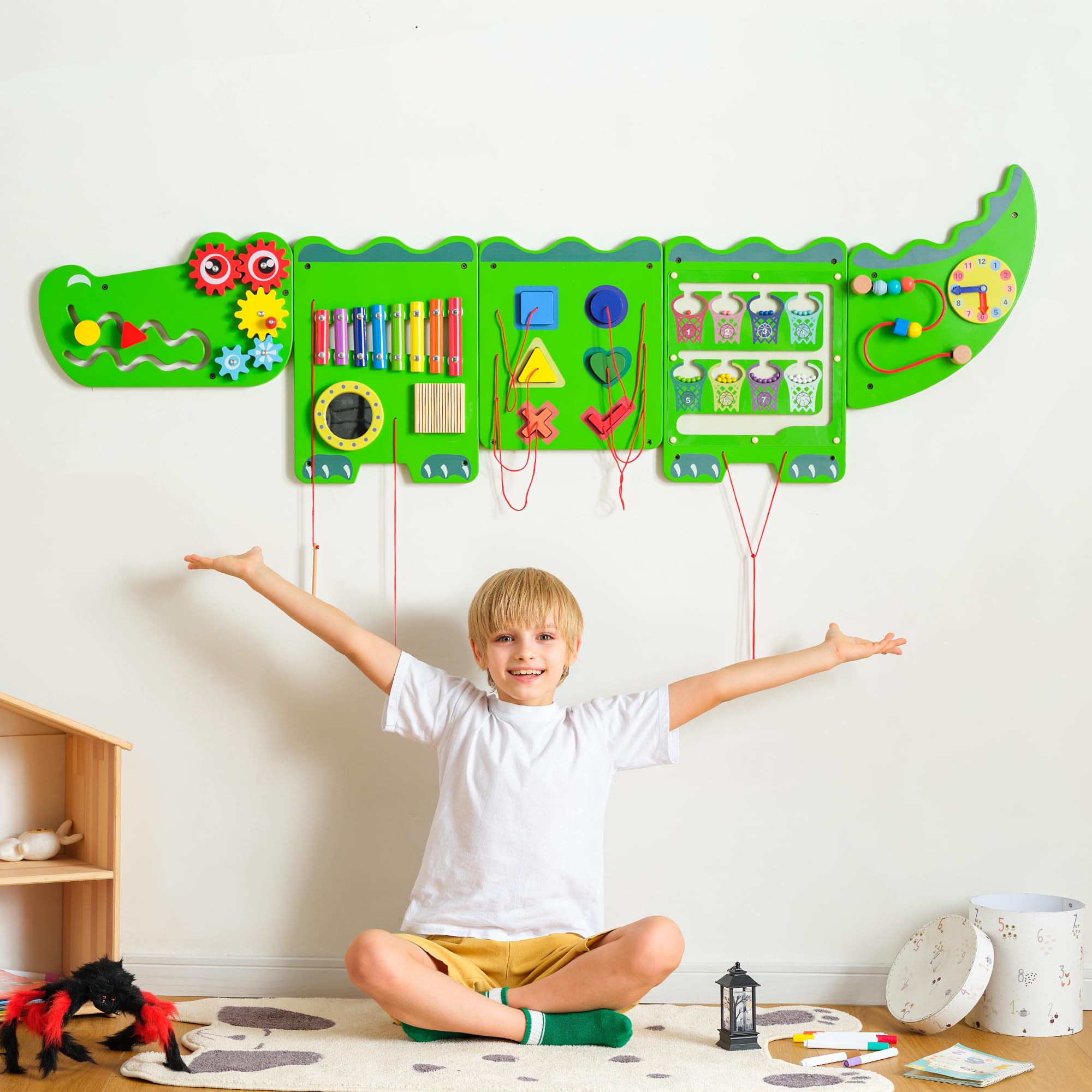 **Crocodile Sensory Toys Activity Wall Panels - Montessori Busy Board for Toddlers 18+ Months, Wooden Learning & Interactive Toys for Fine Motor Skills - Sensory Wall & Activity Cube for Daycare, Preschool, Home Play (Green)**