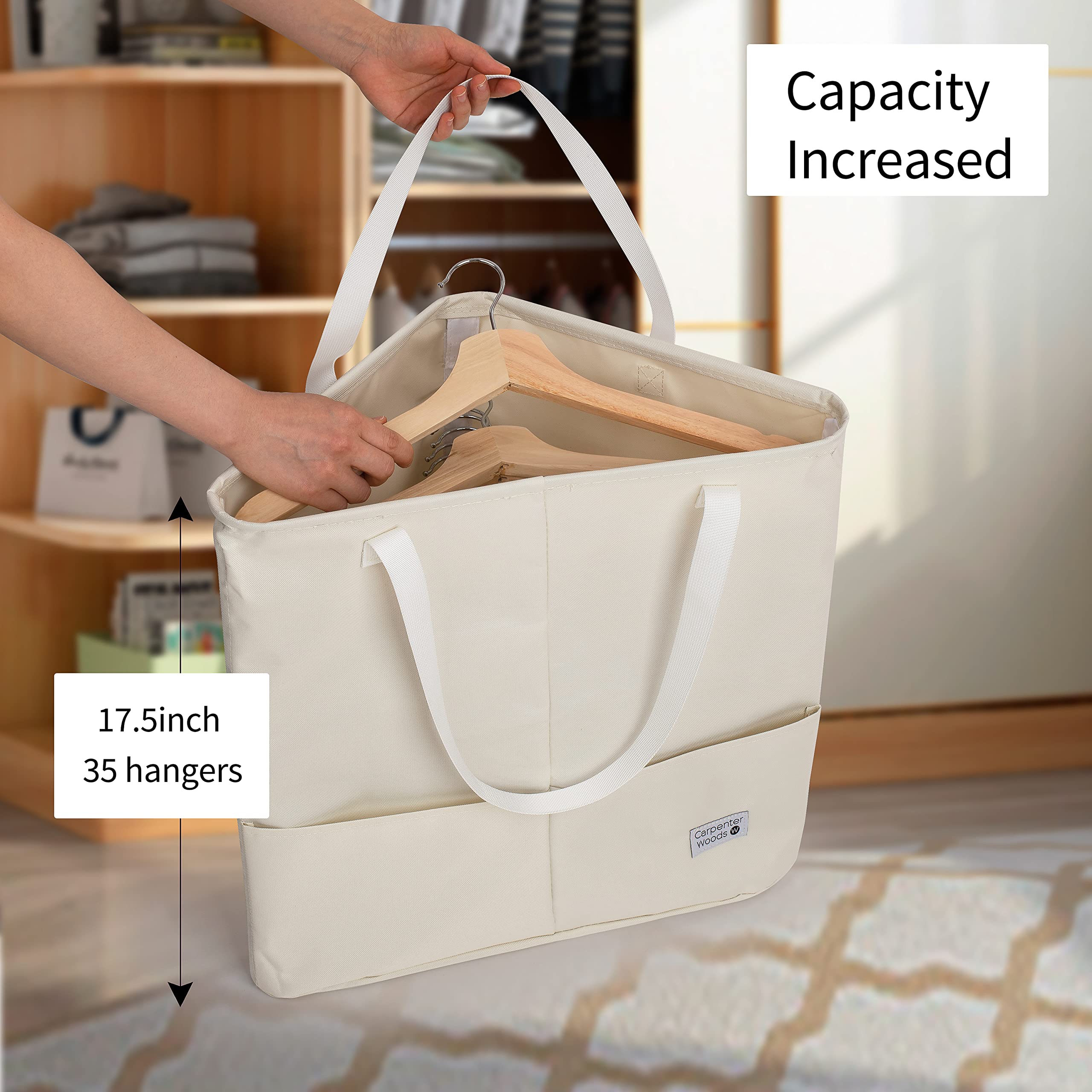 Space-Saving Clothes Hanger Organizer Bag with Handles - Hanger Holder & Storage Solution for Closet, Laundry Room & Bathroom - Foldable Triangle Hanger Stacker Caddy (Beige White) - Perfect for Small Spaces, Apartment Living & Travel Storage