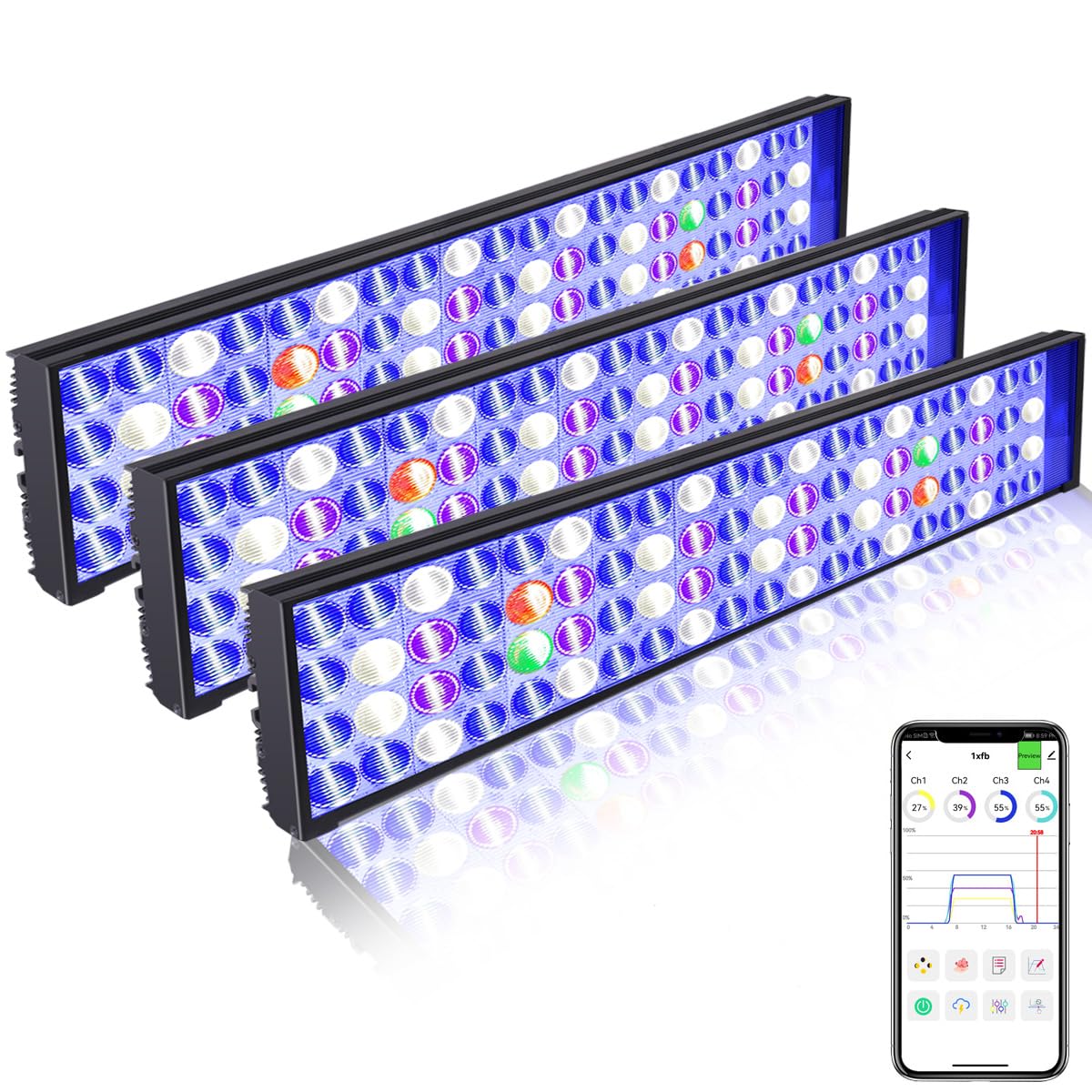 PopBloom 3PCS 54W LED Reef Aquarium Light - Smart Control Marine Lighting for 60-72 Inch Saltwater Tanks (Includes Hanging Kit) - Perfect for Coral Growth & Fish Tank Decoration