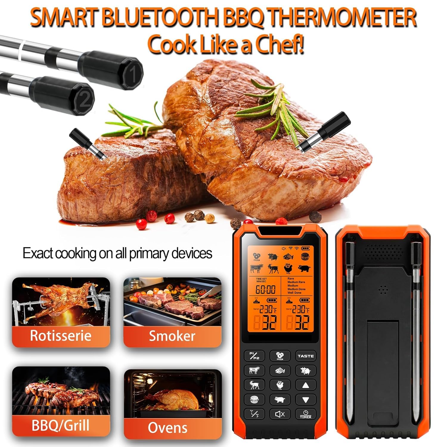 Smart Bluetooth Meat Thermometer with Dual Probes - Wireless Digital Food Thermometer for BBQ, Grilling, Oven, Smoker & Air Fryer | Perfect for Outdoor Cooking, Home Kitchen & Professional Chefs
