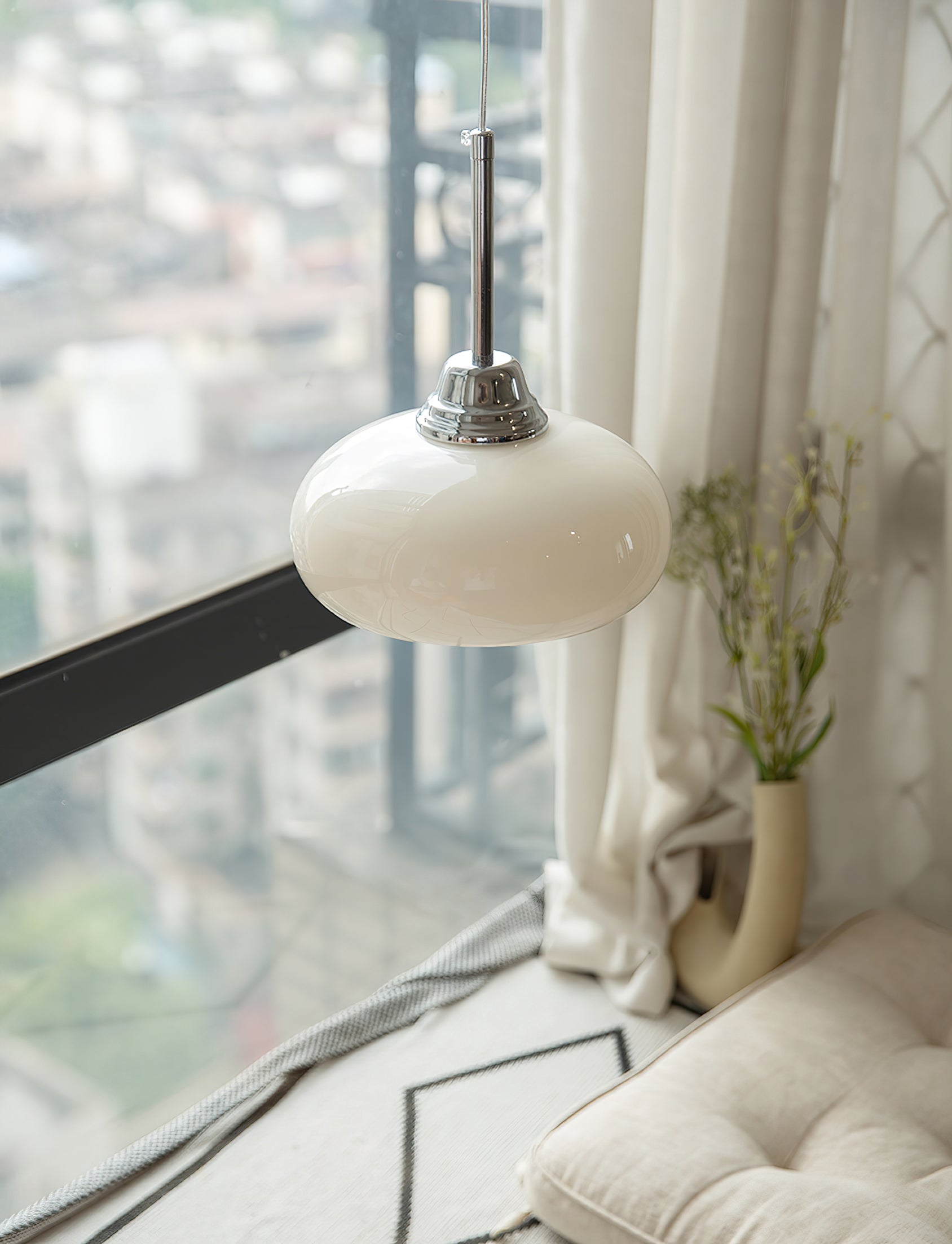 Modern Cream Glass Pendant Light - Elegant Hanging Chandelier for Kitchen Island, Dining Room & Bedroom Lighting - Dimmable LED Ceiling Fixture with Frosted Shade