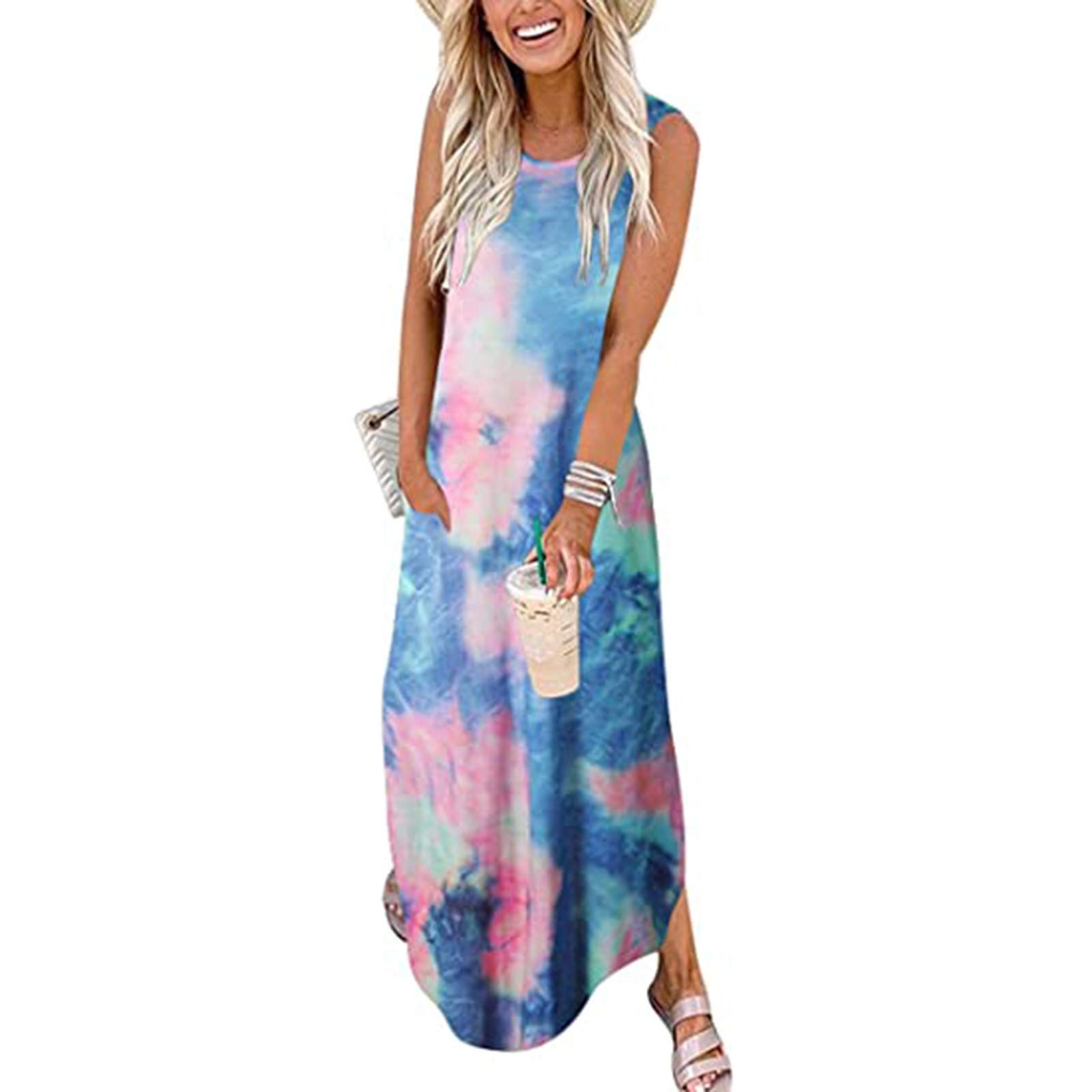 Masbird Women's Summer Casual Loose Pocket Long Maxi Dress - Sleeveless Split Design for Beach, Vacation & Outdoor Activities