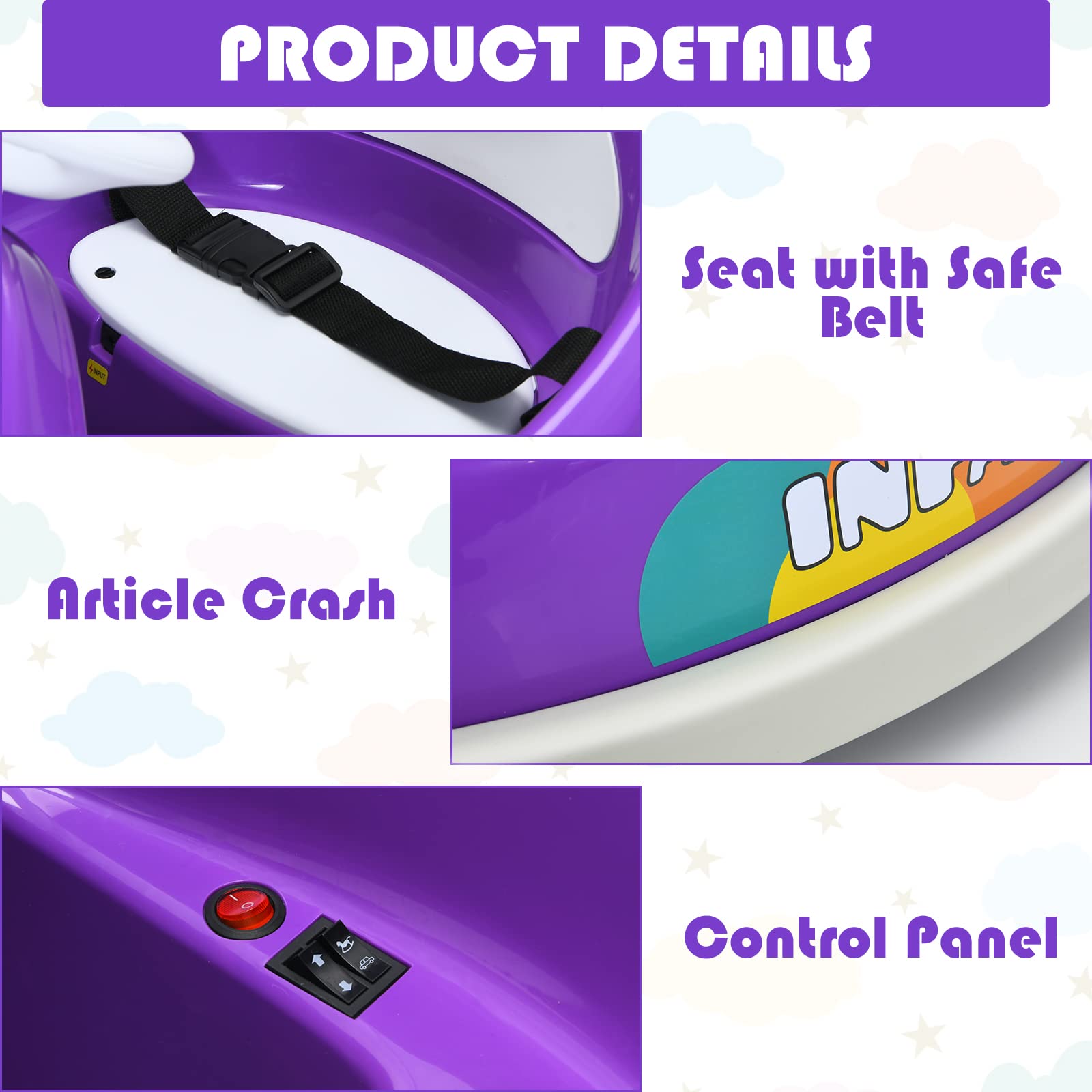 INFANS 6V Kids Electric Ride On Car with 360° Spin, Remote Control, LED Lights & Bluetooth - Rechargeable Bumper Toy Vehicle for Boys & Girls (Purple) | Perfect for Indoor Play, Backyard Fun & Birthday Gifts