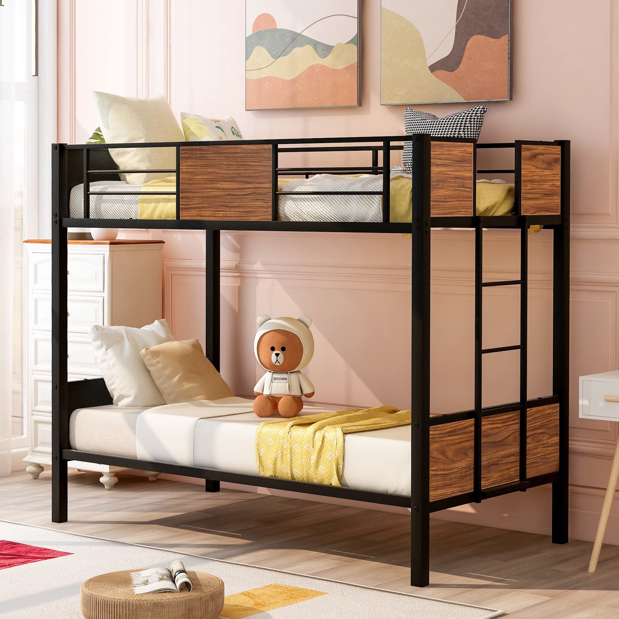 P PURLOVE Twin Over Twin Bunk Bed - Heavy Duty Metal Frame with Full Guardrail & Built-in Ladder - Space Saving Bunk Bed for Kids, Teens, Dorm Rooms, Guest Bedrooms & Small Spaces