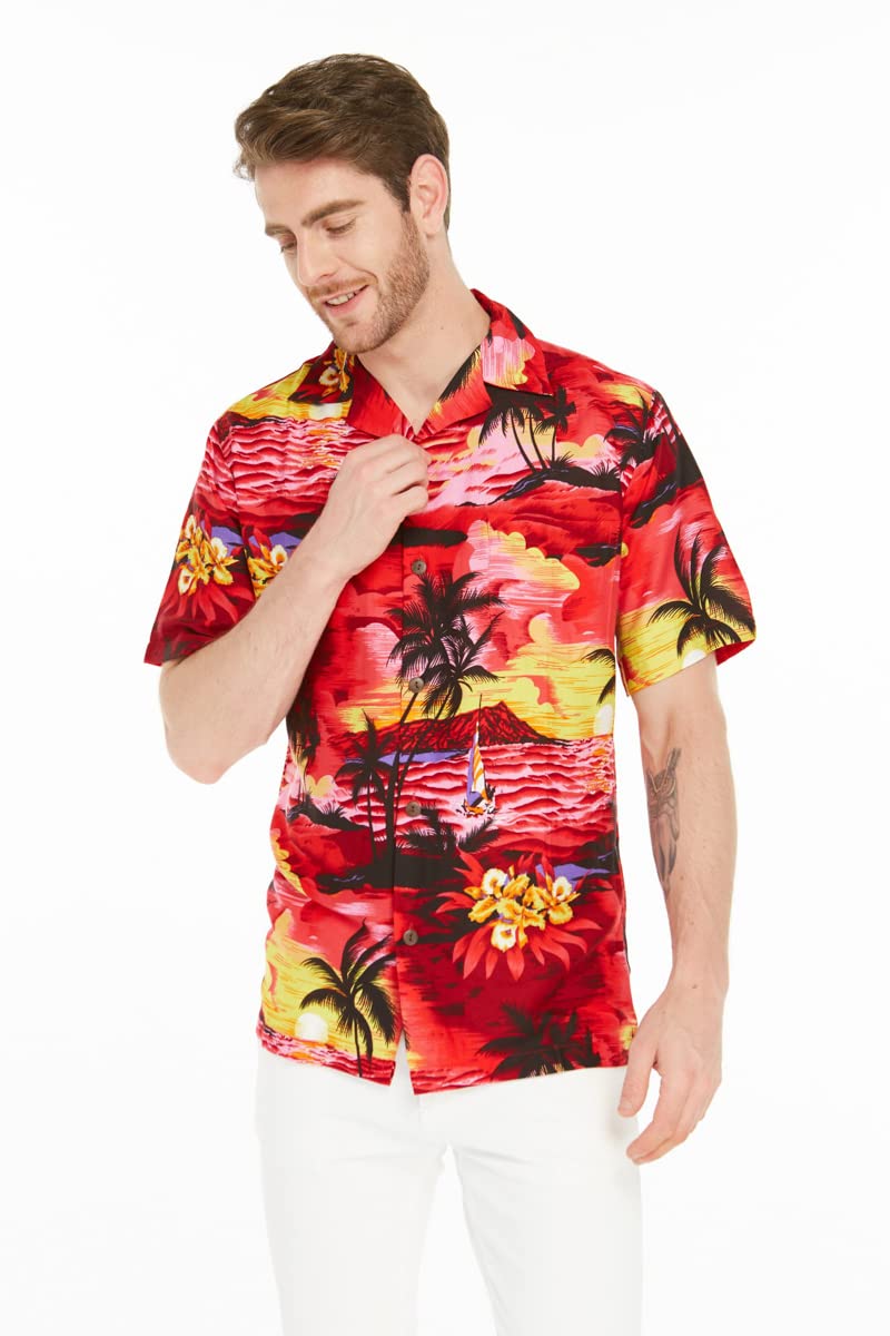 Hawaiian Luau Outfits for Family - Matching Tropical Shirts & Dresses for Men, Women, Boys & Girls in Sunset Red | Beach Party, Summer Vacation & Theme Party Wear