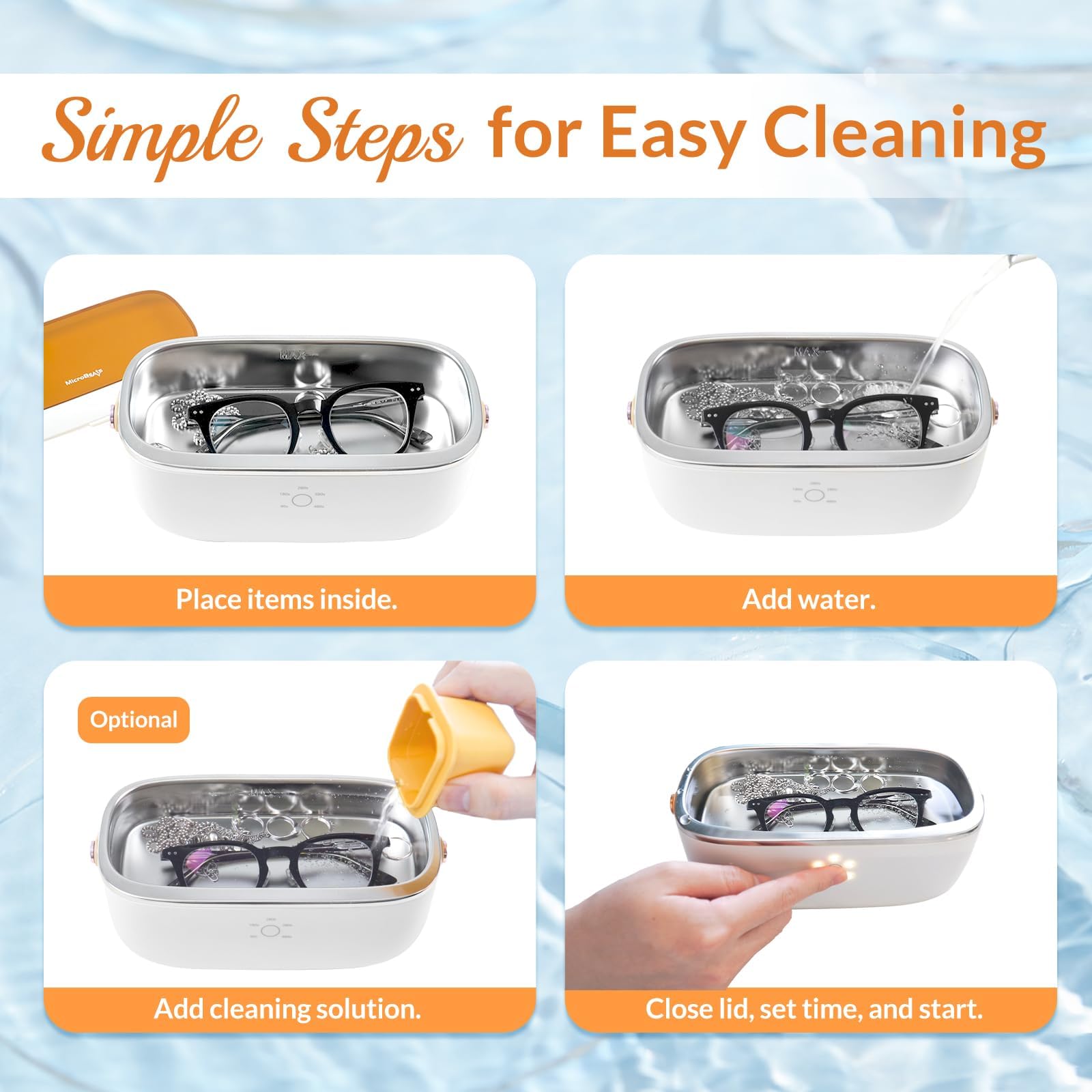 Professional Ultrasonic Cleaner 425ml - High Power 48kHz for Jewelry, Eyeglasses, Watches & Dentures - Large Tank with 5 Timer Settings & One-Touch Operation - Portable & Quiet - Perfect for Home, Travel & Professional Use