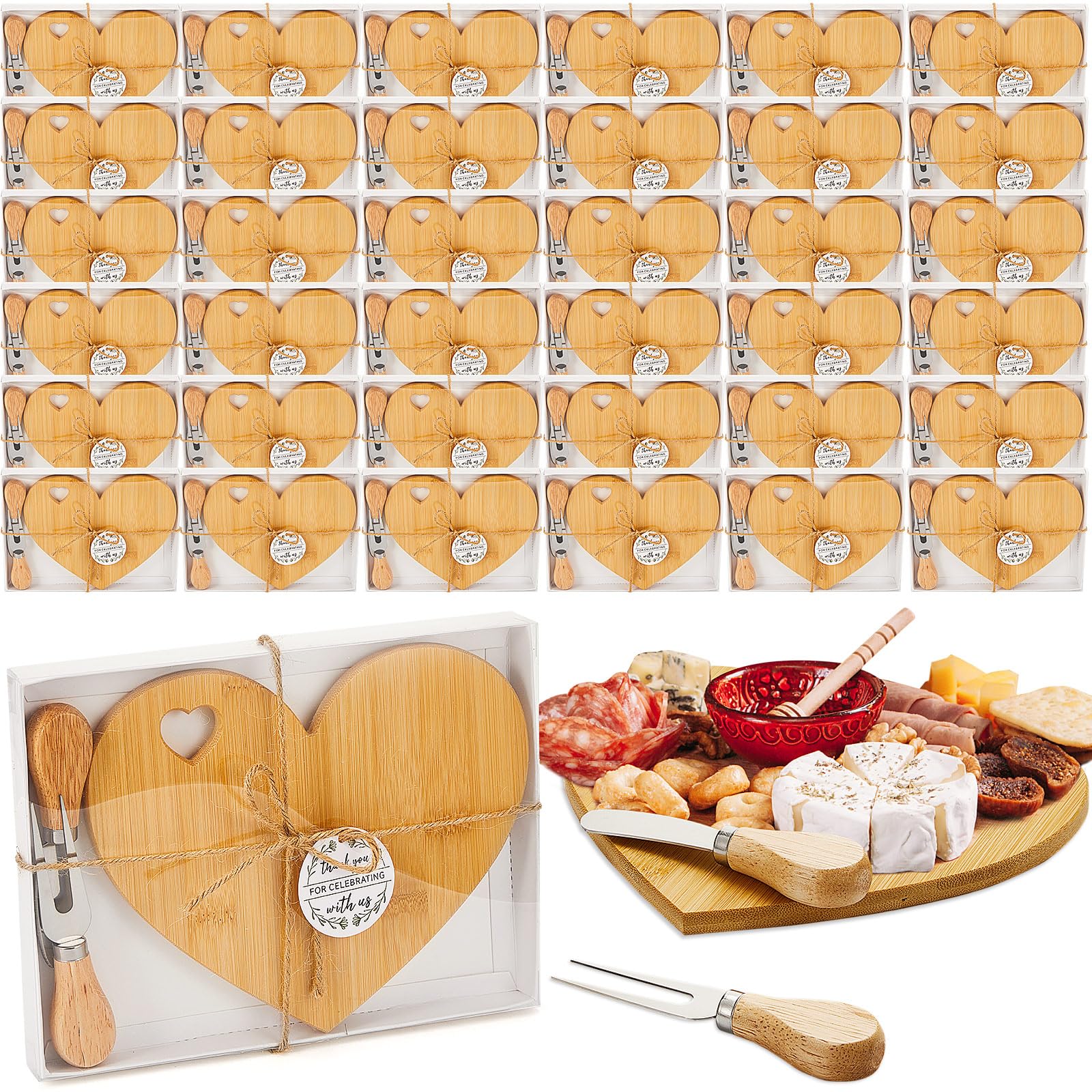 36-Piece Heart-Shaped Cheese Board Set with Wooden Knives - Mini Charcuterie Platter for Bridal Shower Favors, Wedding Guest Gifts, Baby Showers, Birthdays & Valentine's Day (Bamboo Color) - Perfect for Cheese Tastings, Charcuterie Parties & Romantic Picnics