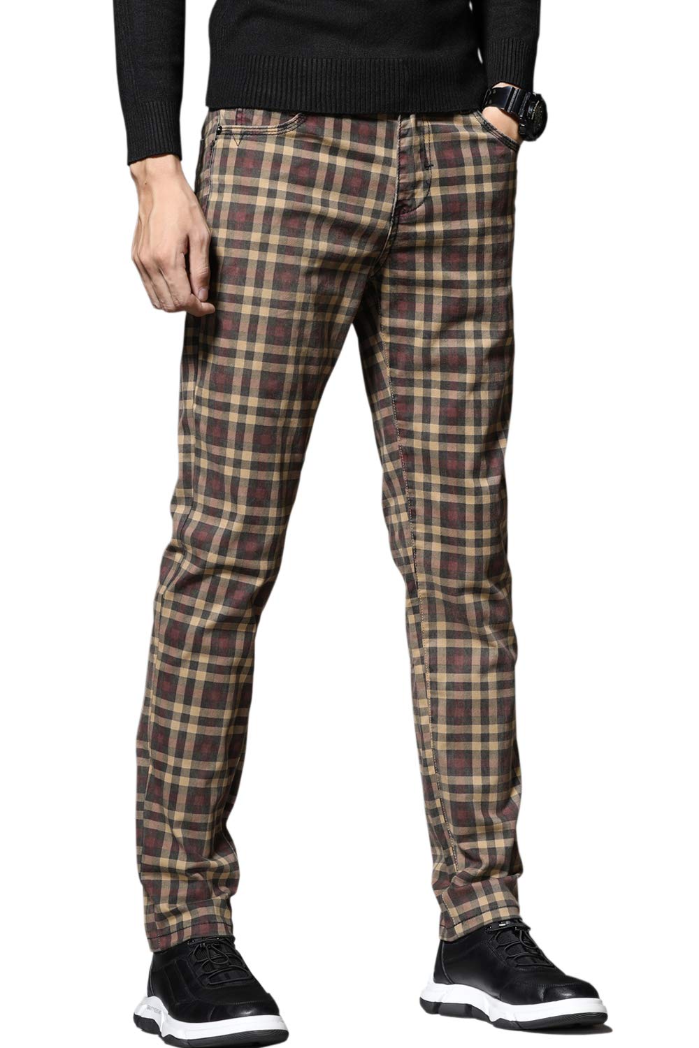 HENGAO Men's Straight Fit Plaid Chino Pants - Casual Office & Business Travel Trousers for Professional Style