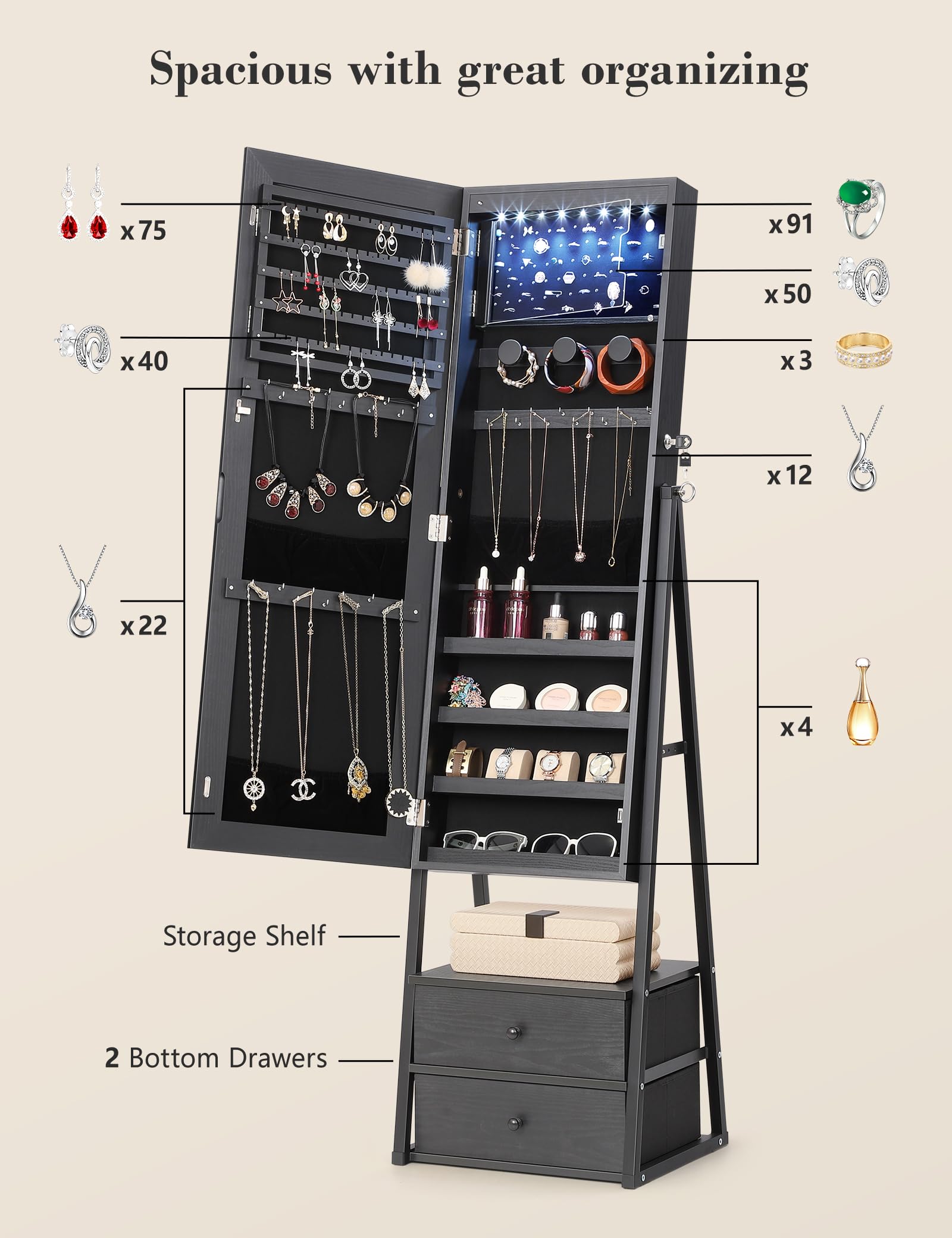 Nicetree LED Mirror Jewelry Cabinet - Lockable Standing Armoire with 2 Drawers & Full Length Mirror, Jewelry Storage Organizer for Bedroom (Black) | Perfect Christmas Gift for Women, Home Decor & Vanity Setup
