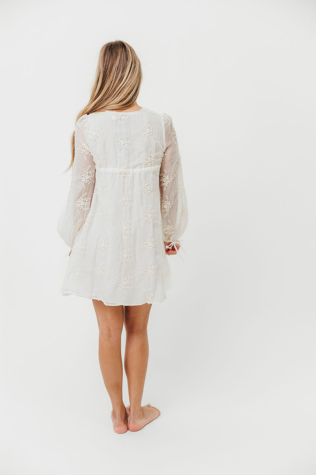 Erika Embroidered Long Sleeve Mini Dress in Ivory - Elegant Floral Lace Party Dress for Women, Perfect for Weddings, Cocktail Parties & Date Nights