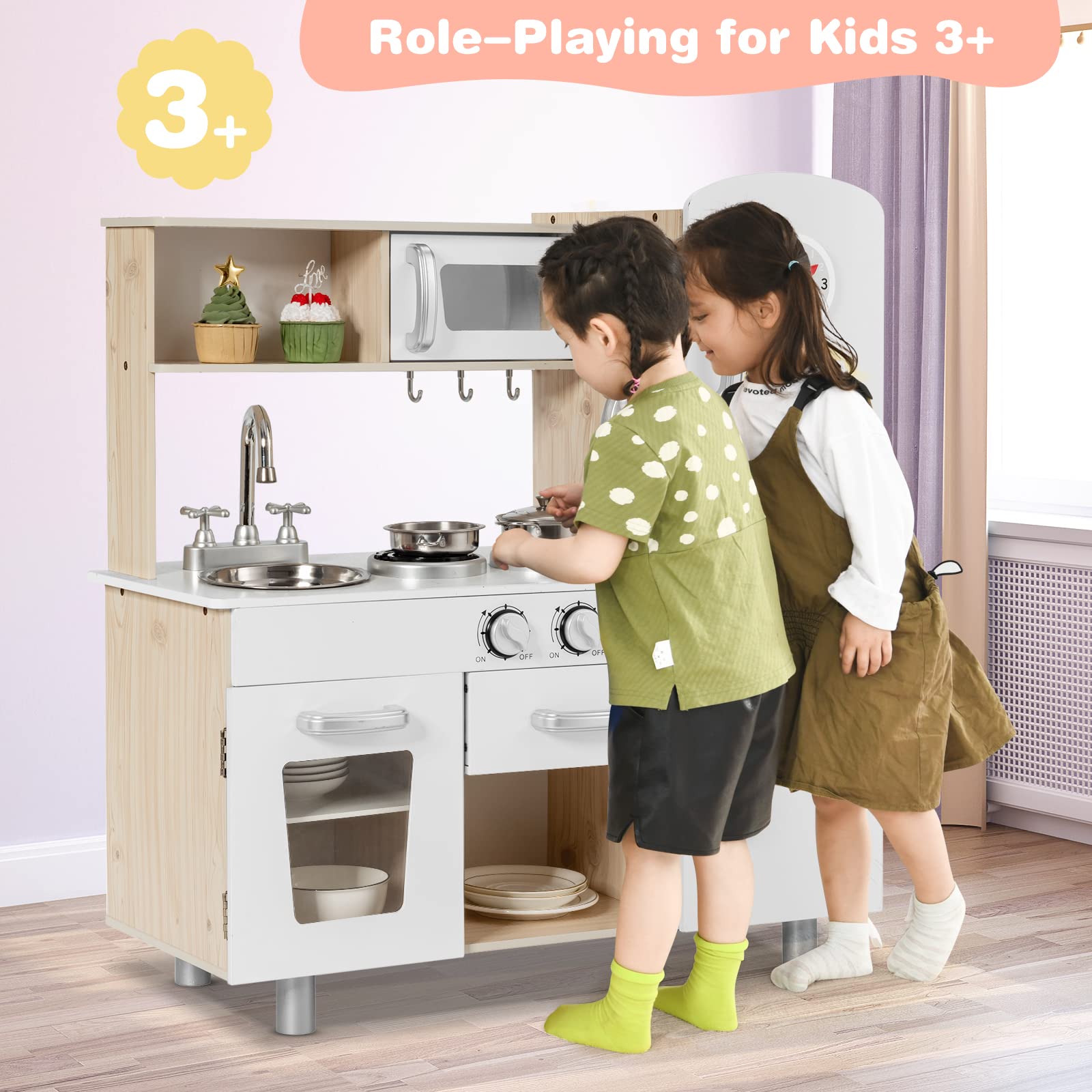OLAKIDS Wooden Play Kitchen Set for Toddlers - Pretend Play Toy with Lights, Sounds, Water Dispenser, Fridge & Microwave - Educational Cooking Gift for Boys & Girls - Perfect for Home, Preschool & Daycare Role Play Activities