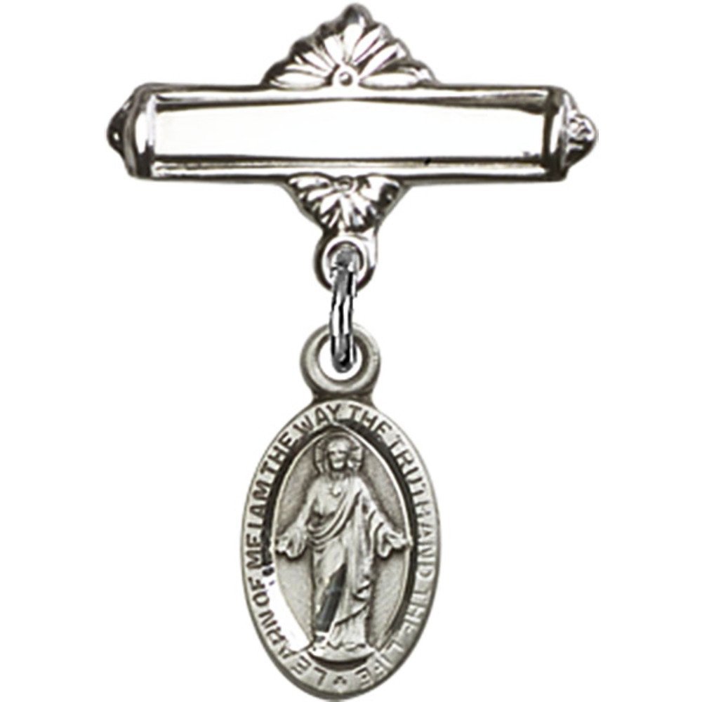 Sterling Silver Baby Badge with Scapular Charm & Polished Pin - 1 X 5/8 Inch Religious Jewelry for Christening, Baptism & First Communion Gifts