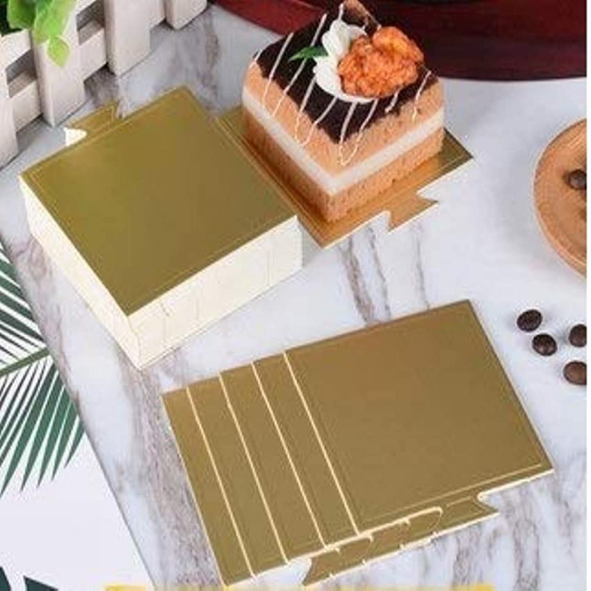 Madhav Enterprises Mini Square Gold Printed Cake Bases | 100-Pack Single Square Mousse Cake Boards | Sturdy Cardboard for Cakes, Cupcakes, Cookies, Muffins & Brownies | Perfect for Bakeries, Weddings & Birthday Parties