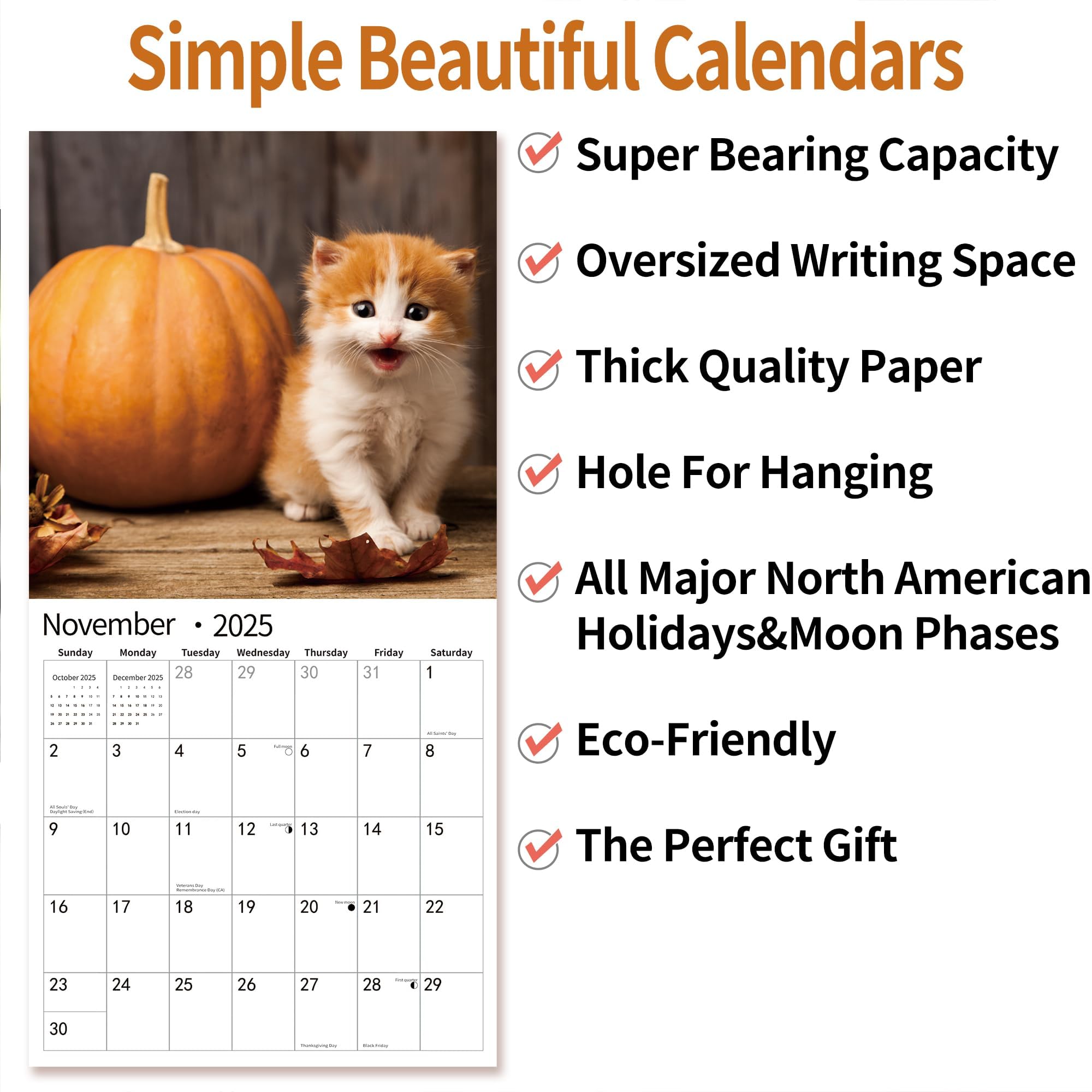 2025 Wall Calendar with Cute Cats & Kittens - January to December 2025, 12
