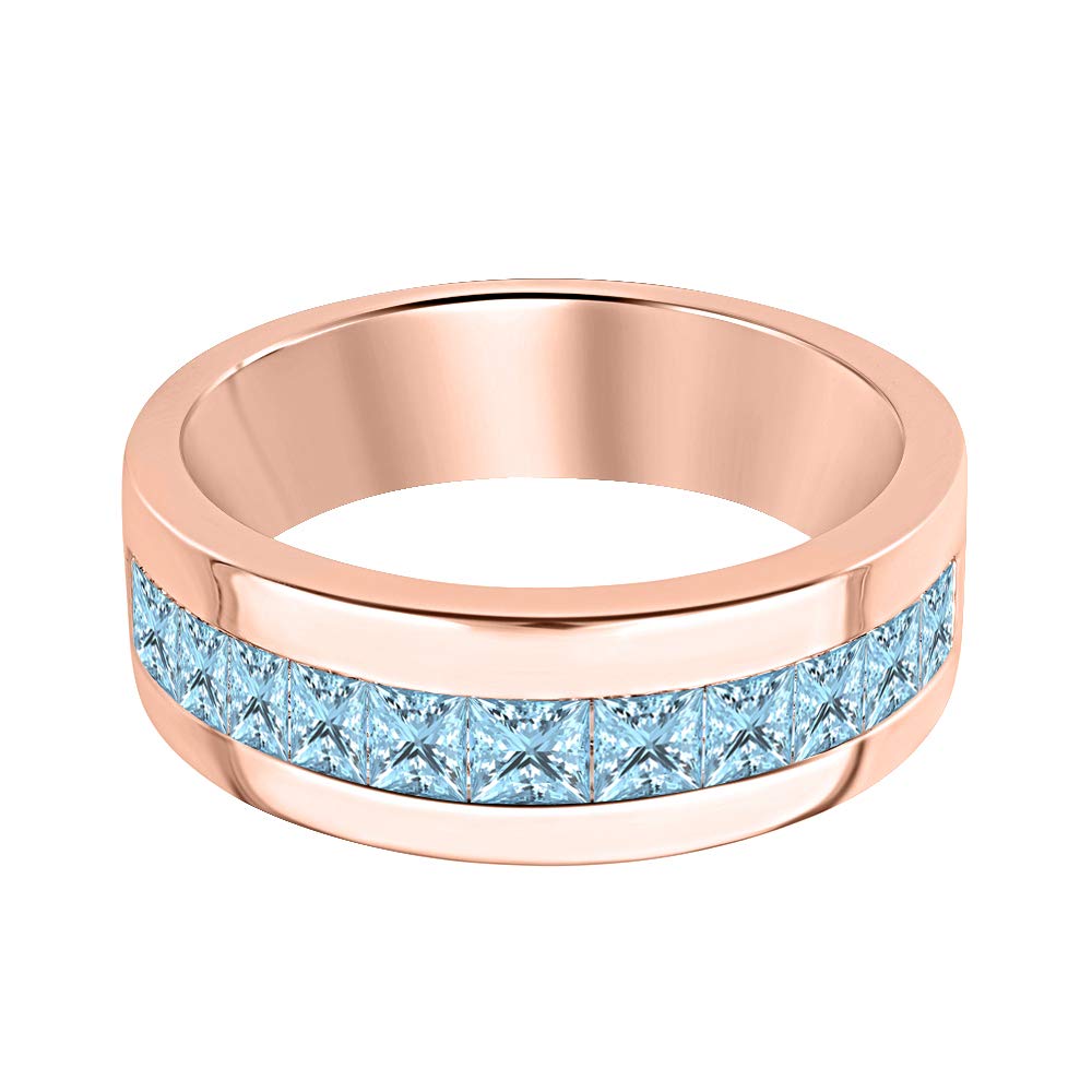14K Rose Gold Plated .925 Sterling Silver Princess Cut Aquamarine Men's Wedding Band Ring - Elegant Diamond Accent Jewelry for Groom, Engagement & Anniversary Gifts