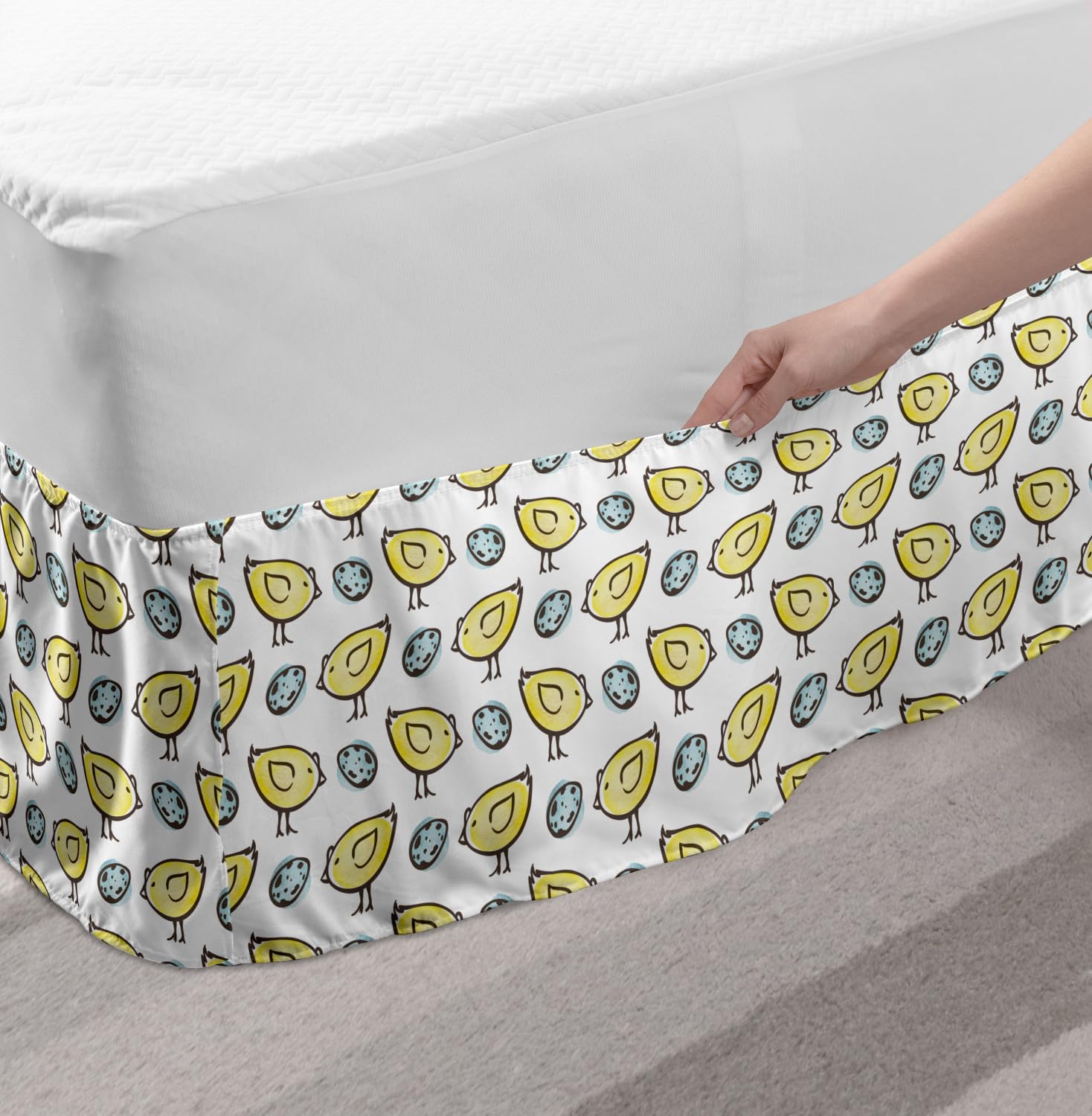 Ambesonne Yellow Bird Bed Skirt - Pastel Doodle Pattern, King Size for Bedroom Decor