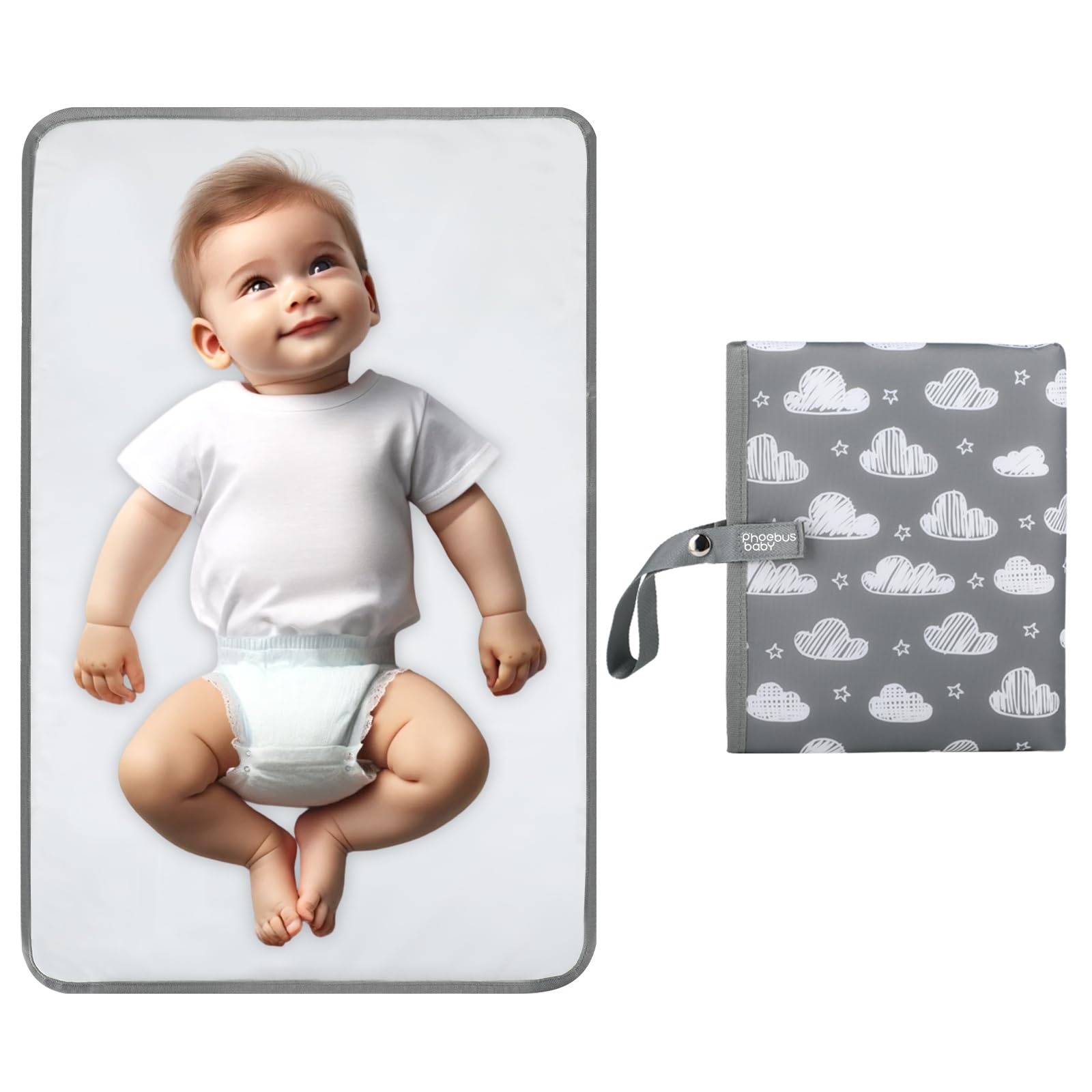 Portable Waterproof Baby Diaper Changing Pad - Compact Travel Changing Mat with Wrist Strap for Diaper Bags | Wipeable & Lightweight | Perfect for On-the-Go Parents, Daycare, and Travel (Doodle Clouds Design)