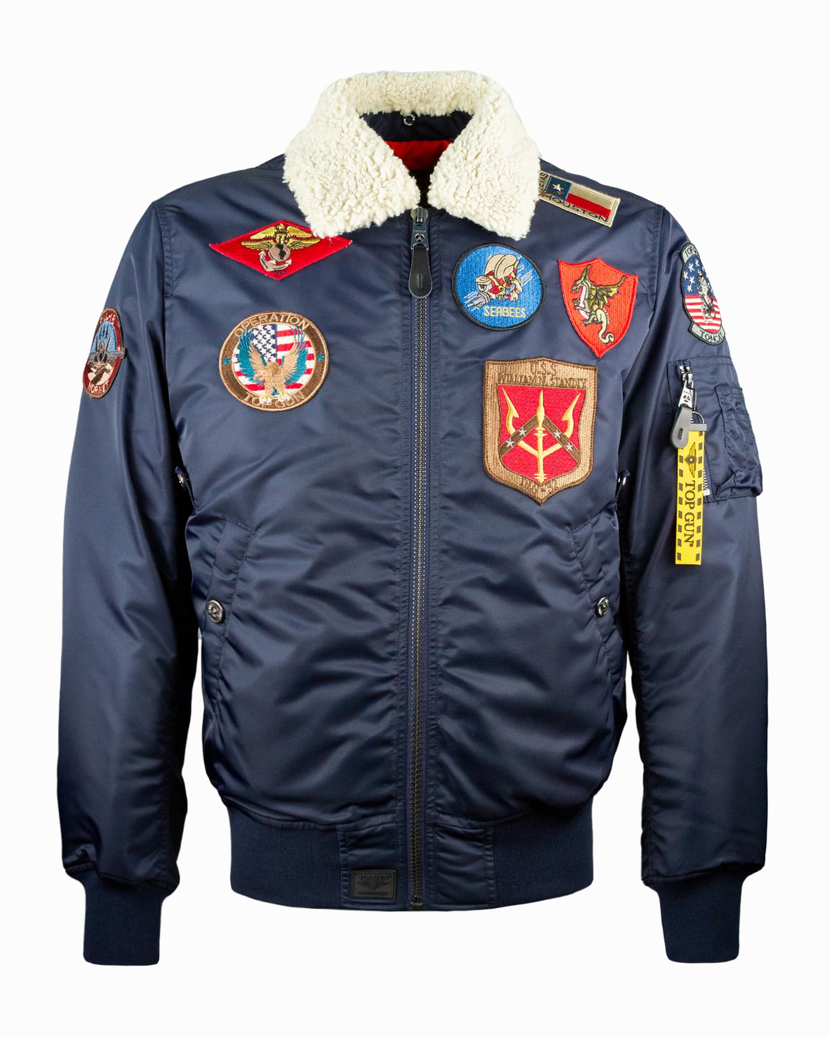 Top Gun Official B-15 Men's Flight Bomber Jacket with Patches - Genuine Leather Aviator Jacket for Military & Casual Wear - Perfect for Halloween, Cosplay & Aviation Enthusiasts