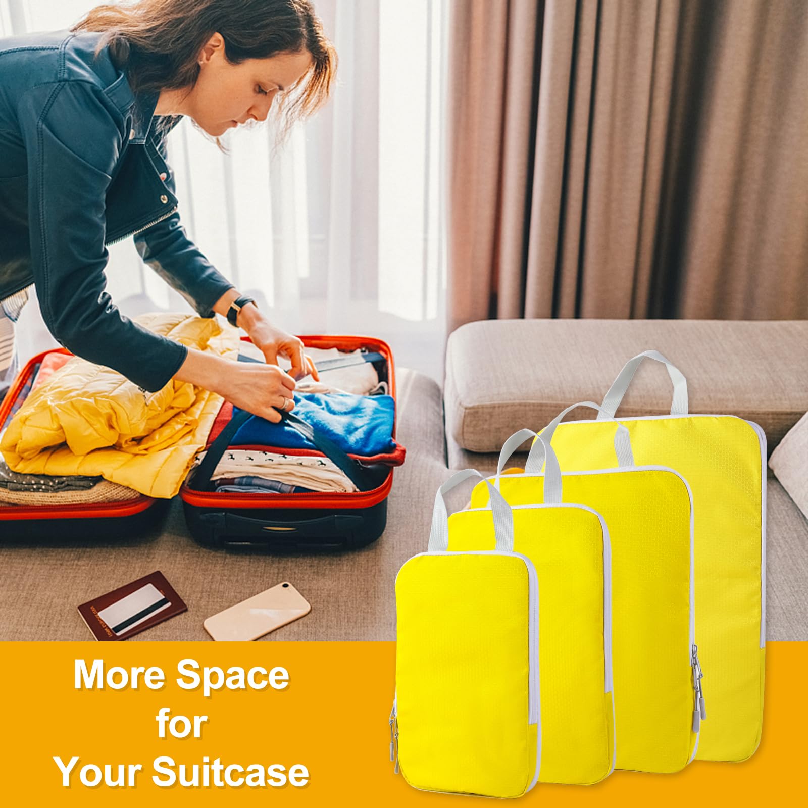 COVAX 4-Piece Compression Packing Cubes Set - Travel Luggage Organizers & Storage Bags for Suitcases (Yellow) | Perfect for Business Trips, Vacations & Closet Organization