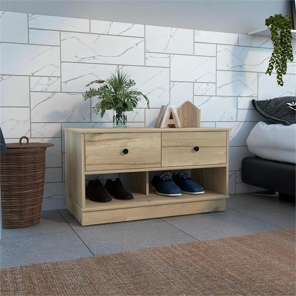TUHOME Hamilton Storage Bench - Engineered Wood Entryway Bench with Seat, Beige - Perfect for Hallway, Living Room & Bedroom Organization