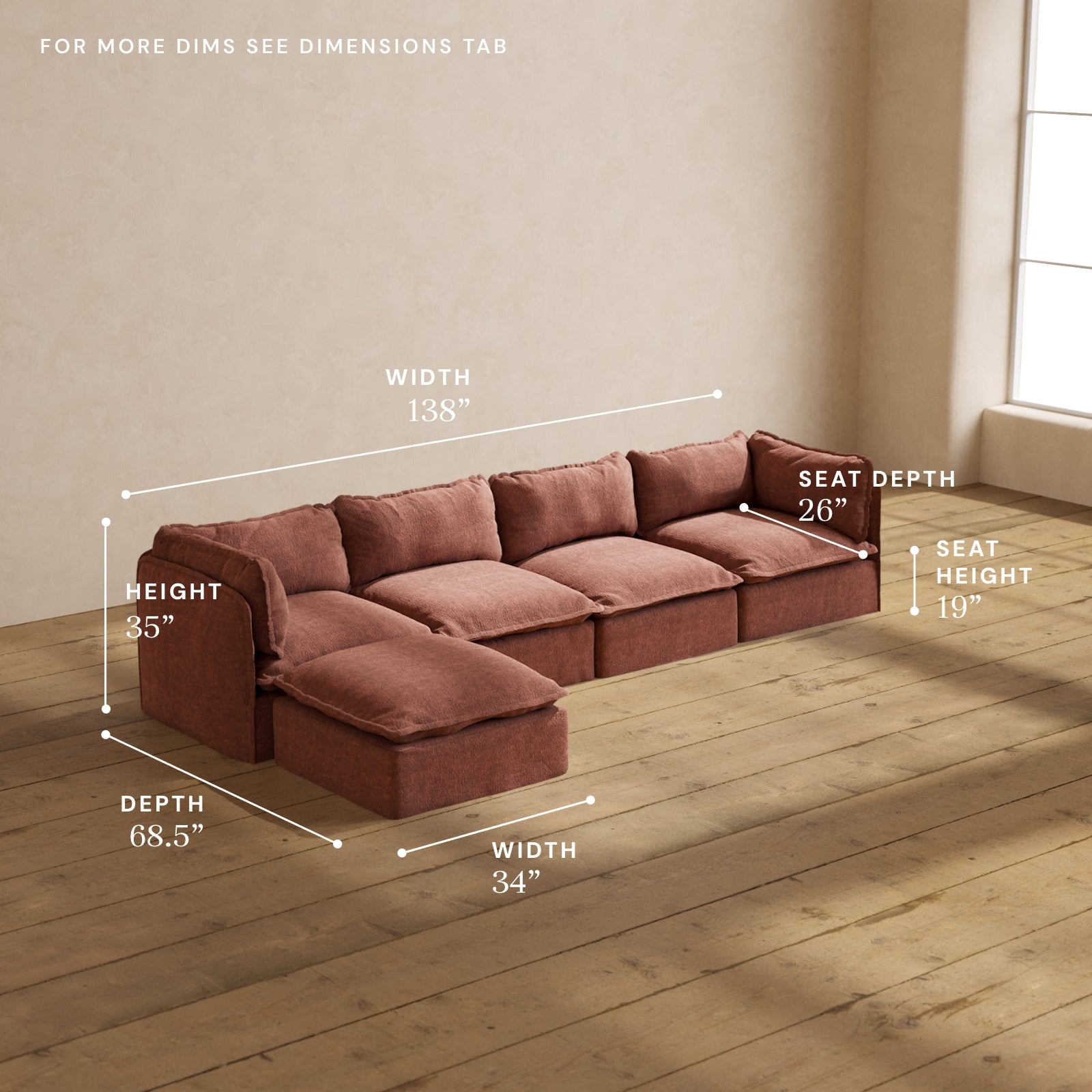 Modular Performance 4-Seater Sectional Sofa in Chestnut Brown | Relaxed Blend Fabric | Perfect for Living Room, Family Room & Home Theater