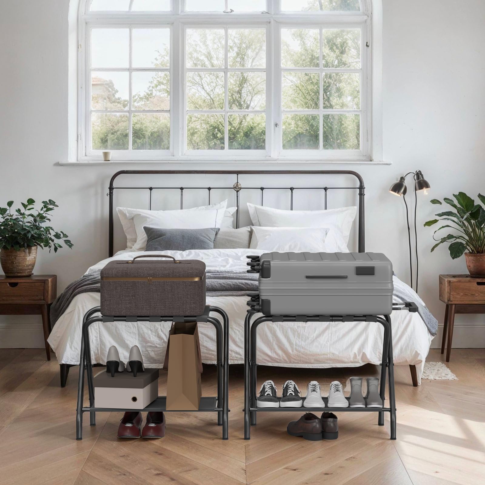Heavy Duty Folding Luggage Rack with Storage Shelf - Sturdy Steel Suitcase Stand for Bedroom, Guest Room & Hotel Use - Supports 110 lbs (27x15x23 Inches) - Perfect for Travel Storage & Space Saving Organization