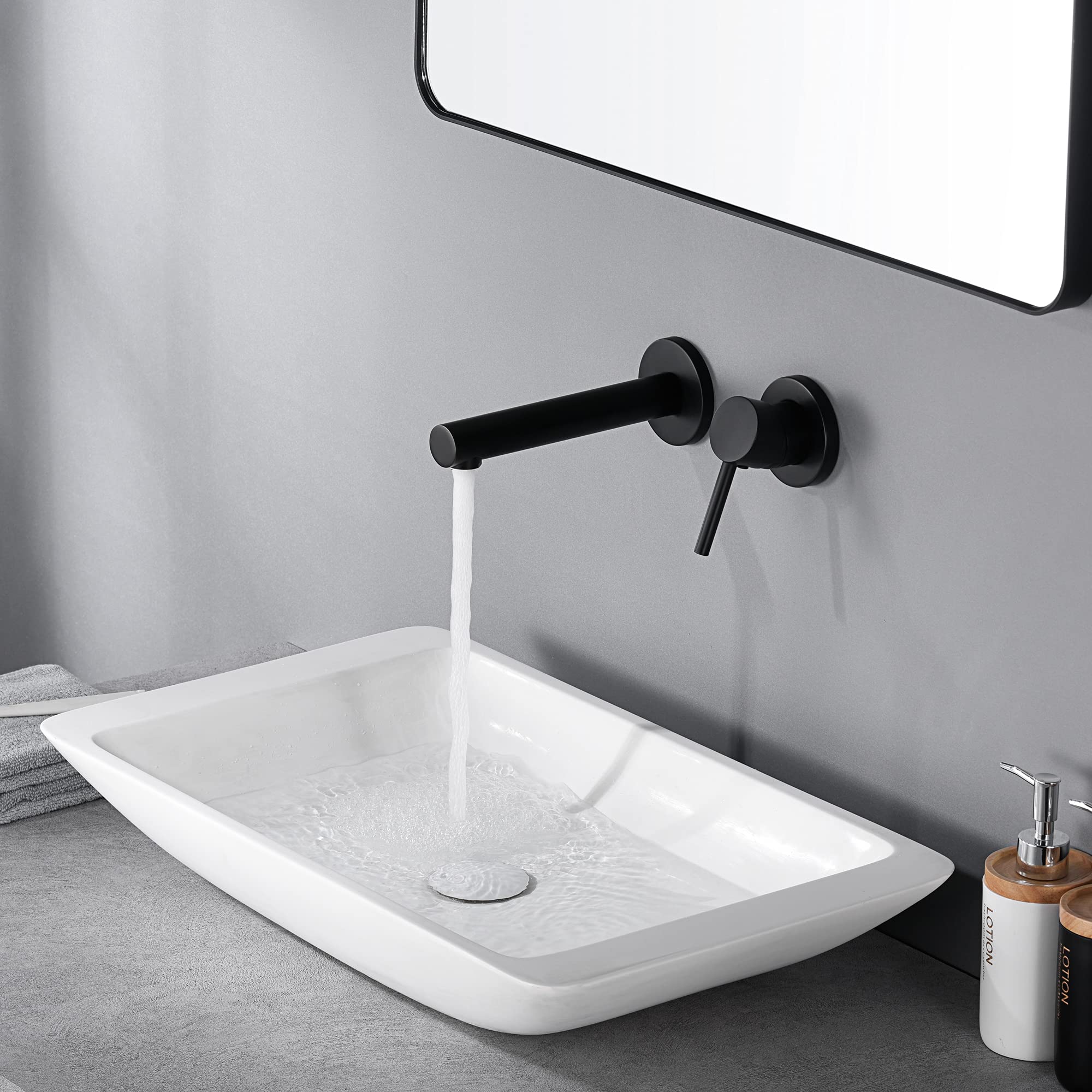 Sumerain Matte Black Wall Mount Bathroom Sink Faucet - Modern Single Handle Vessel Lavatory Faucet for Bathroom Vanity, Powder Room & Luxury Hotel Renovation